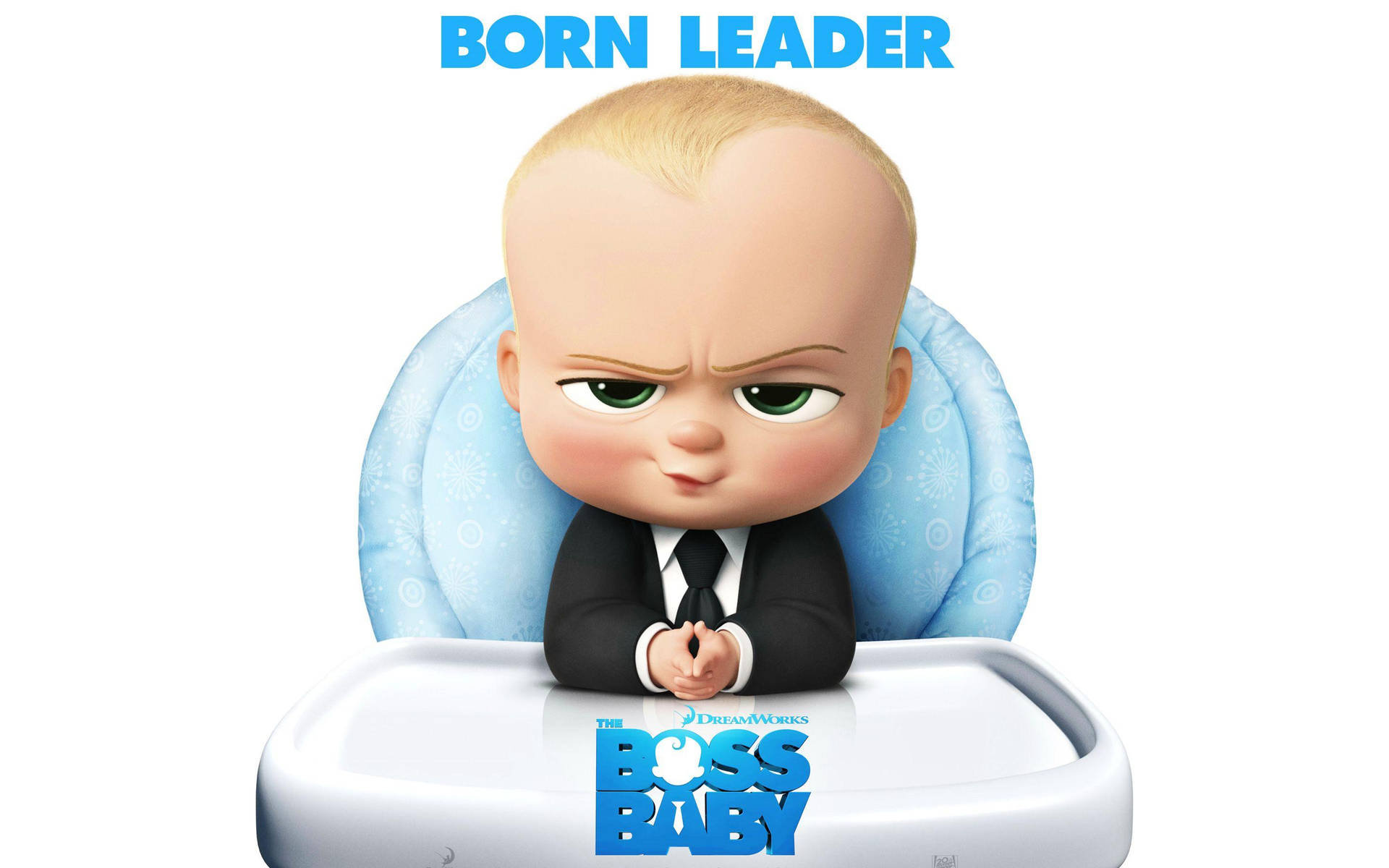 穿著西裝的卡通嬰兒坐在高腳椅上，帶有「Born Leader」文字。
