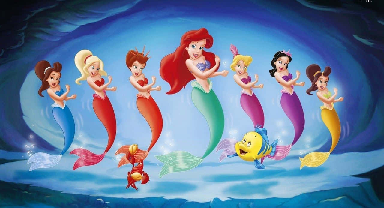 七條美人魚和兩條魚在發光的隧道中水下跳舞。