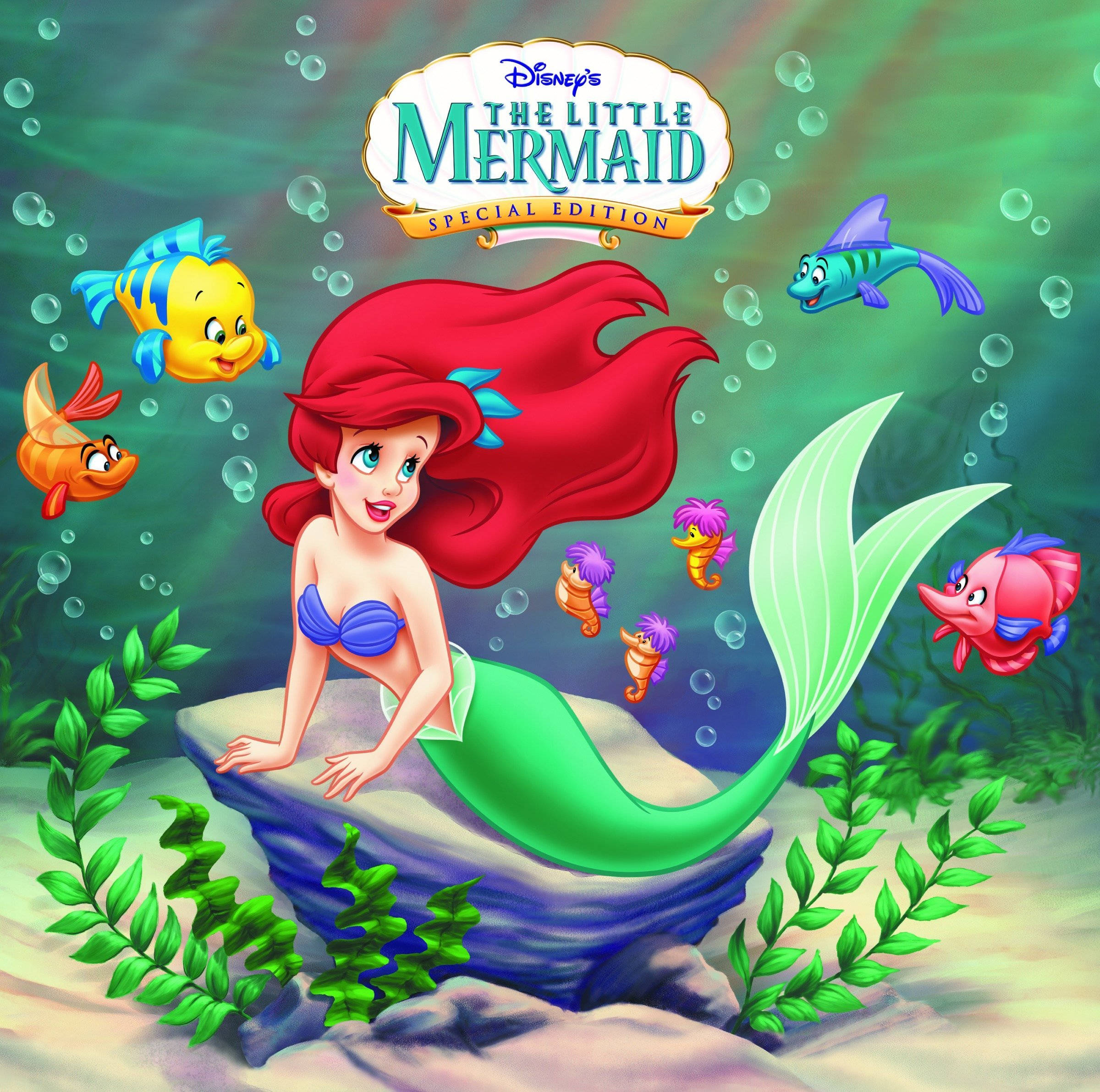 《小美人魚》特別版 壁紙 — 擁有飄逸紅髮的美人魚艾莉爾坐在岩石上，周圍是色彩繽紛的魚類和海洋植物，呈現海底場景。