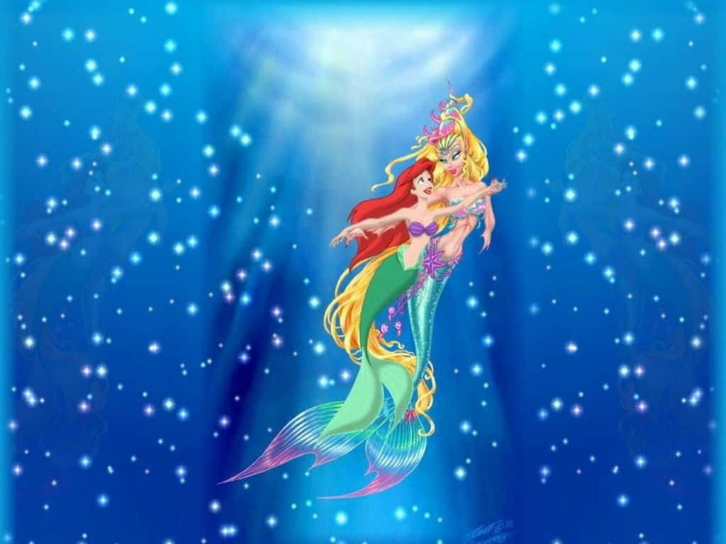 兩個擁有色彩繽紛尾巴的美人魚，在神聖光芒下於閃閃發光的藍色海洋中游泳。