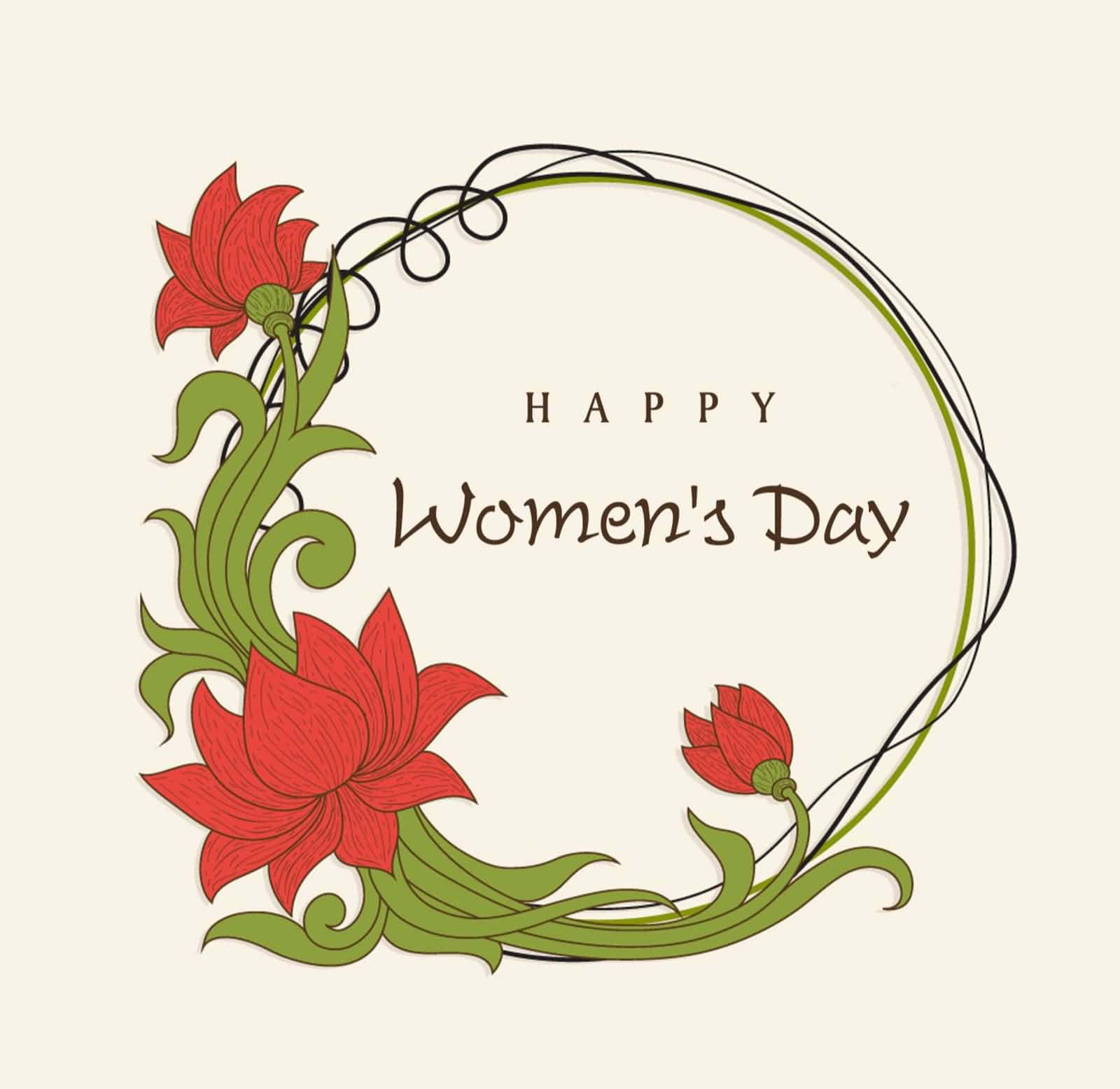 以紅色花朵和綠色藤蔓組成的圓形設計的Happy Women's Day問候。