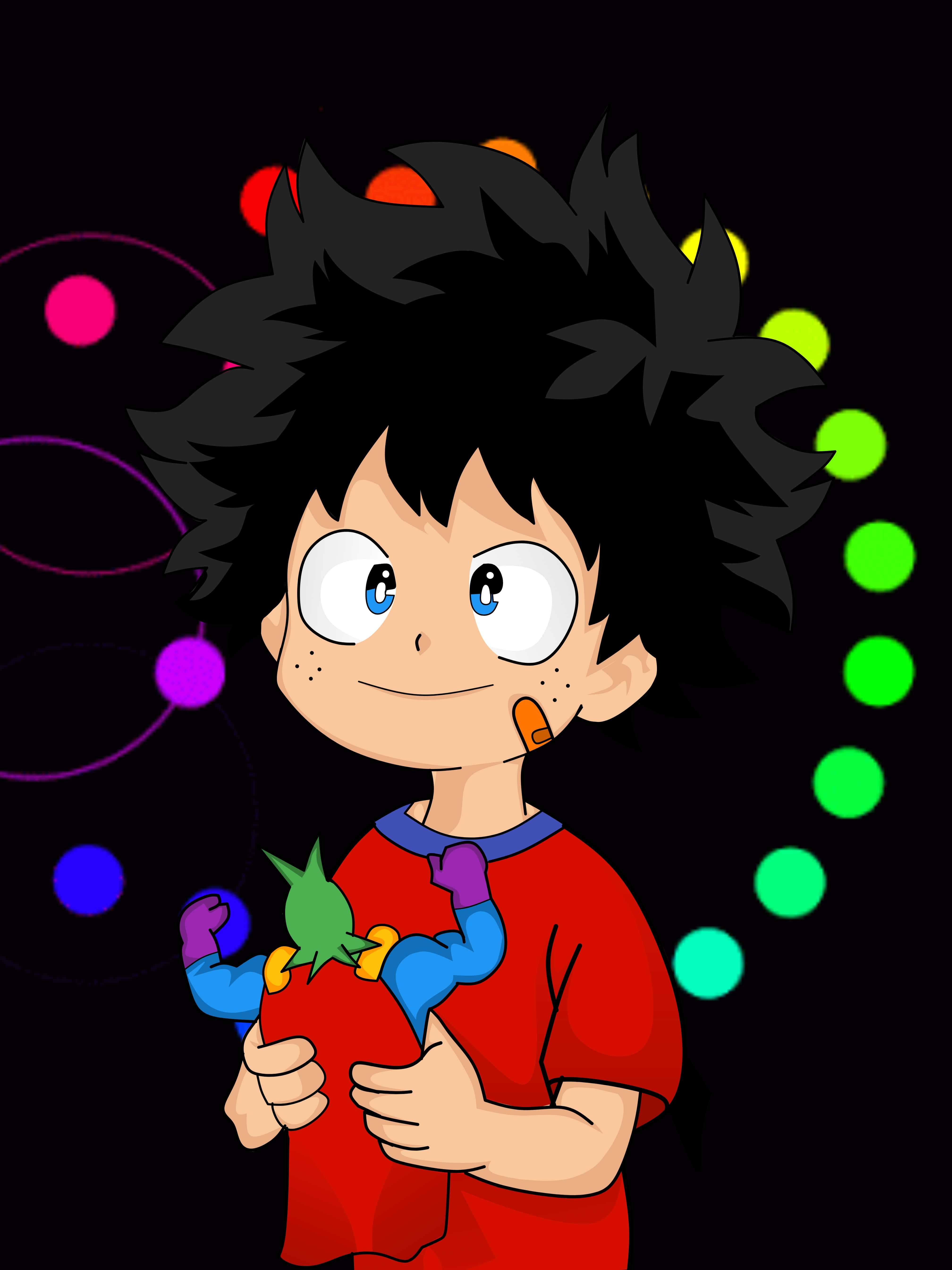 小英雄 Deku 被自身力量吹得飄飄然 壁紙 — 一個開心的動畫男孩，黑色刺蝟頭，在黑暗背景中拿著紅辣椒，周圍有發光的彩色球體。