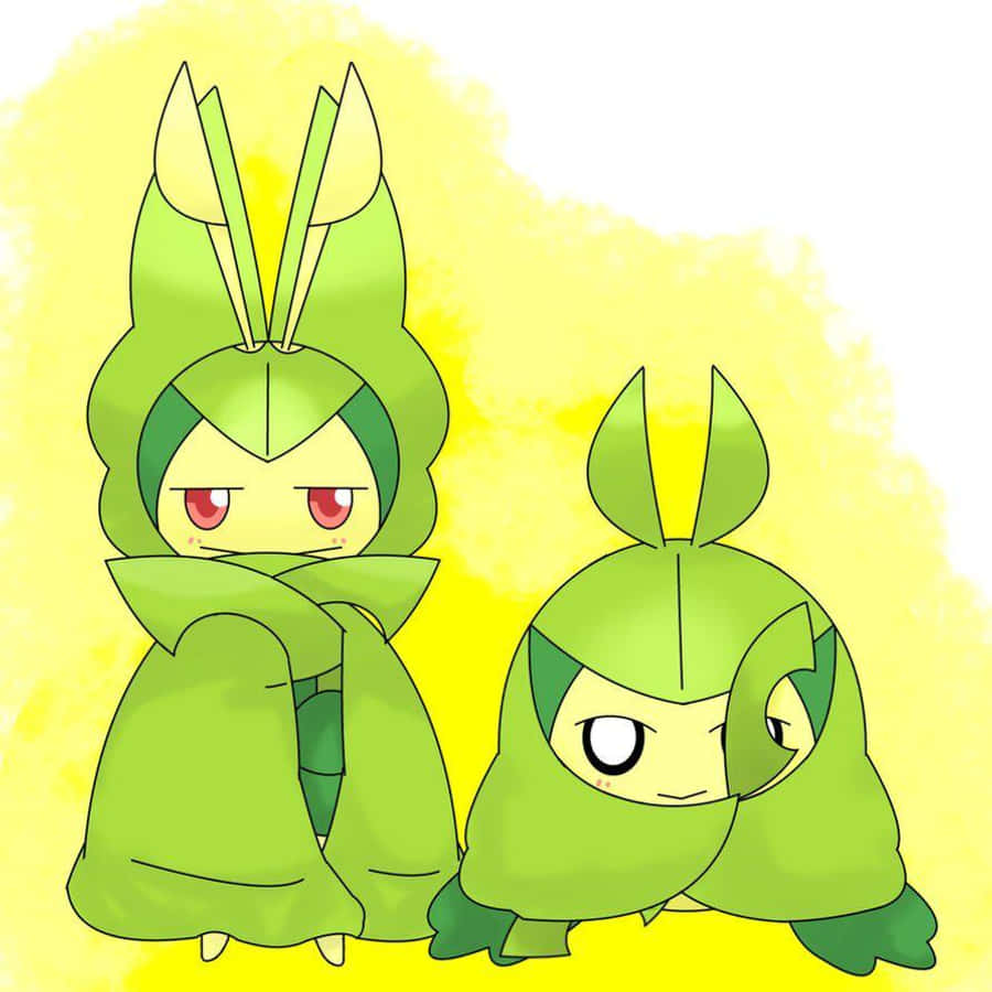 小葉子與斯瓦多倫寶可夢同人圖 壁紙 — 兩隻Q版風格嘅Pokémon，有綠色葉狀身體同紅色眼睛，企喺柔和黃色背景前面。