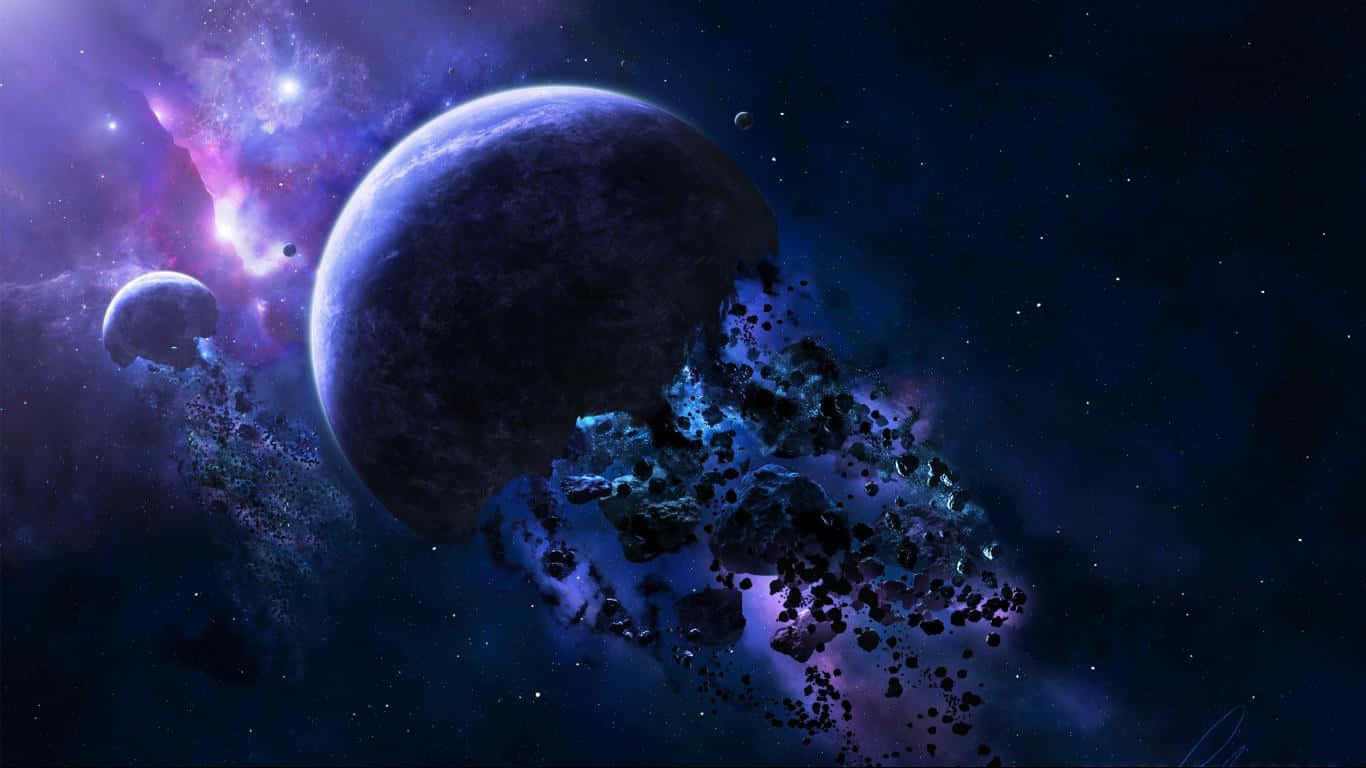 小行星撞擊行星 1366x768 監視器背景 壁紙 — 一顆巨大的黑暗行星在充滿恆星的鮮豔紫色和藍色星雲中碎裂成碎片。