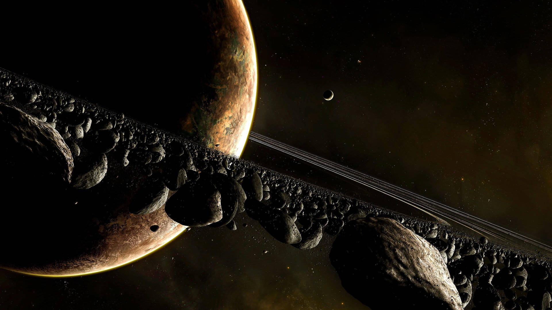 一顆帶有光環和衛星的行星，在太空中被小行星環繞。