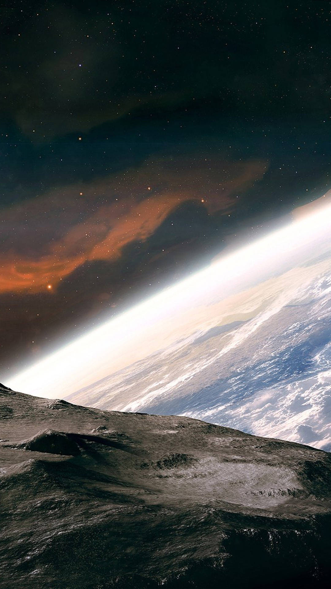 小行星與地球 iPhone 6 壁紙 — 岩石月球表面凝視著地球彎曲的地平線，在星雲滿佈的天空中散發著大氣光芒。