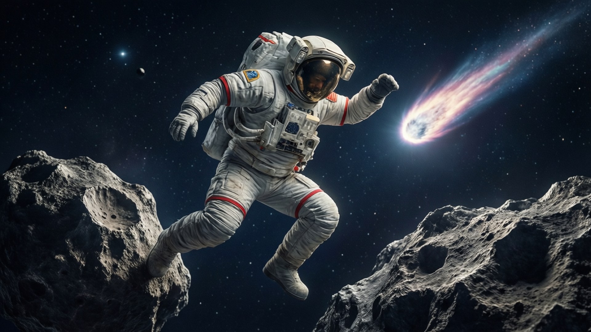 小行星跳躍彗星 壁紙 — 一名太空人在小行星之間漂浮，一顆發光的彗星在繁星點點的虛空中劃過。