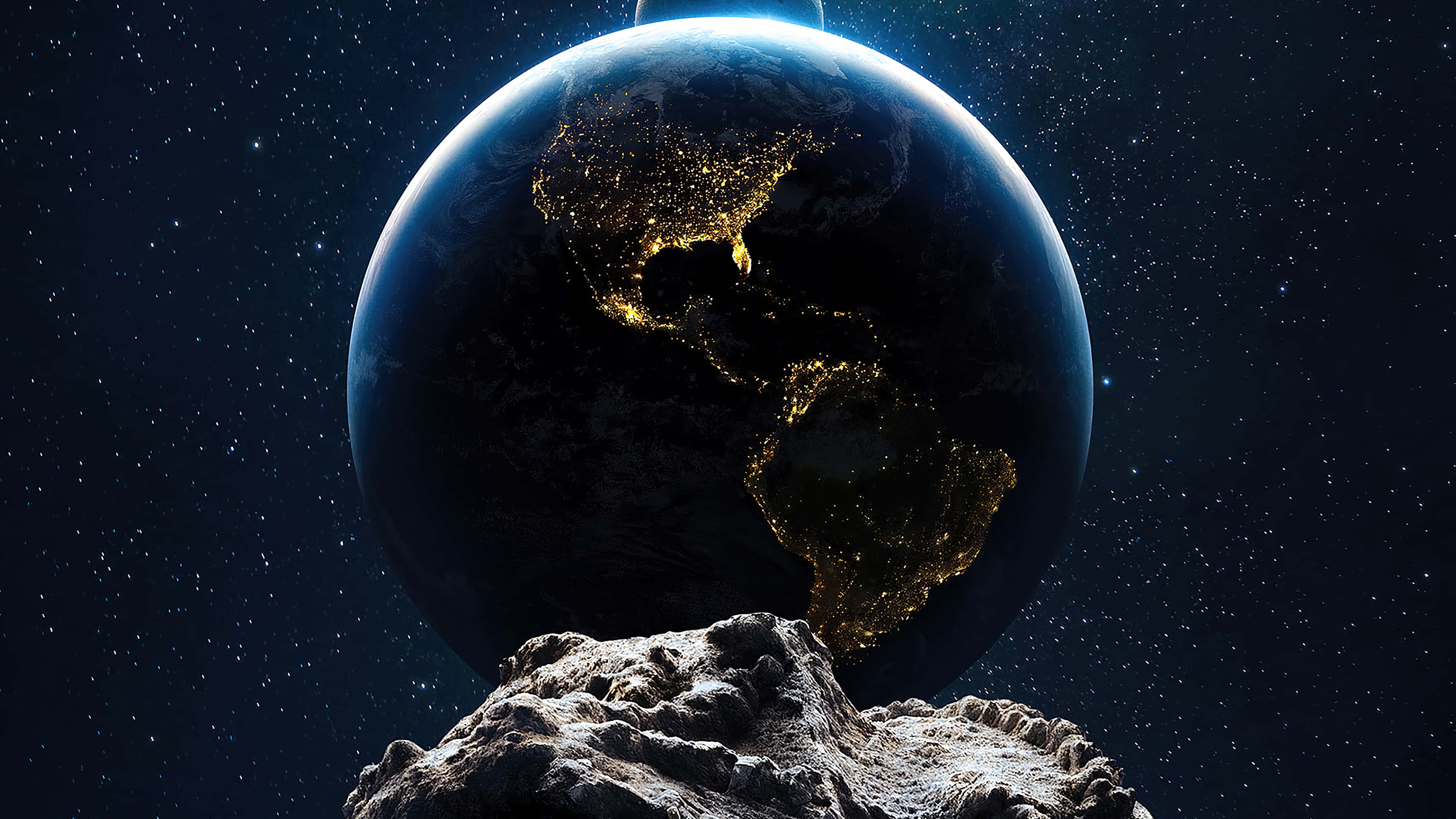 小行星近地球背景 壁紙 — 一個發光的地球，城市燈光懸浮在崎嶇的小行星之上，背景是繁星點點的宇宙。