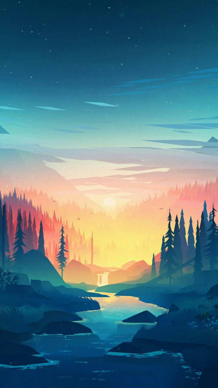 在星空下，暮色中一條寧靜的河流穿過森林。