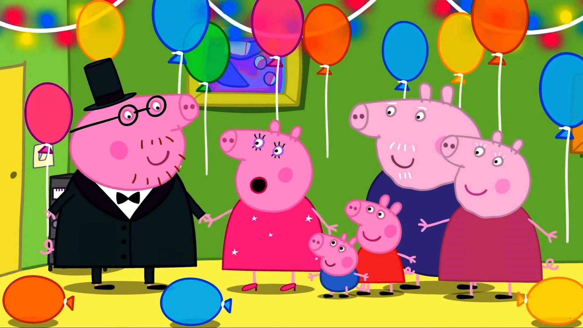 Peppa Pig 一家在色彩繽紛的生日派對上，有氣球。