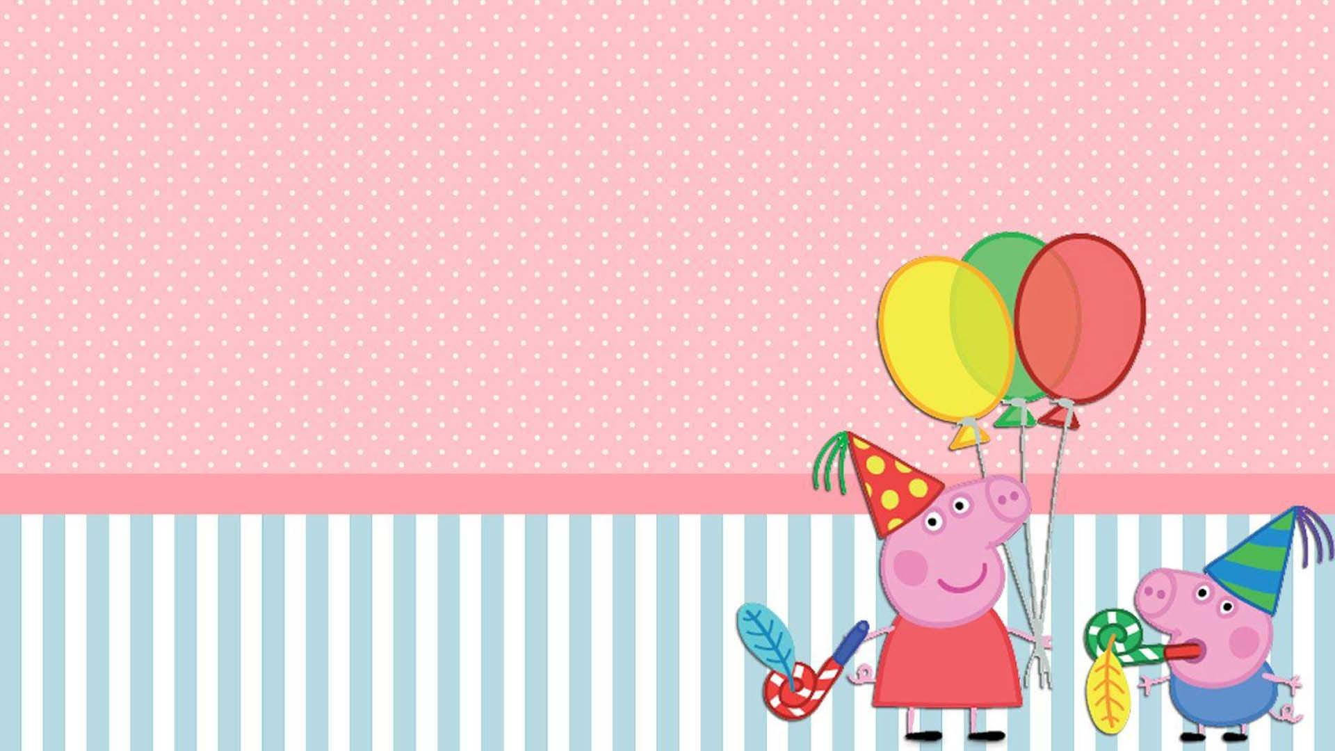 Peppa Pig 和 George 戴著派對帽，手持氣球和發聲器。