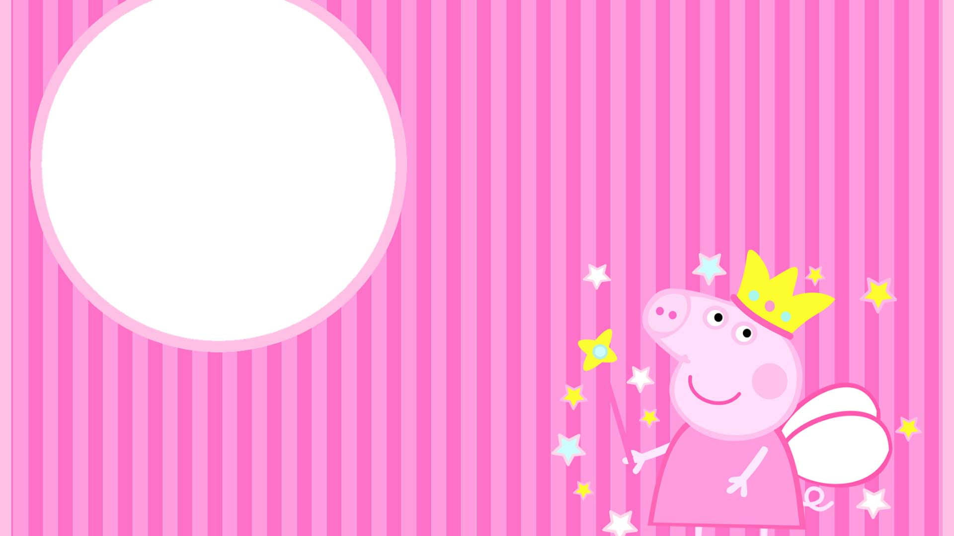 Peppa Pig 裝扮成仙女，手持魔杖和皇冠，在粉紅色條紋背景中周圍環繞著星星。