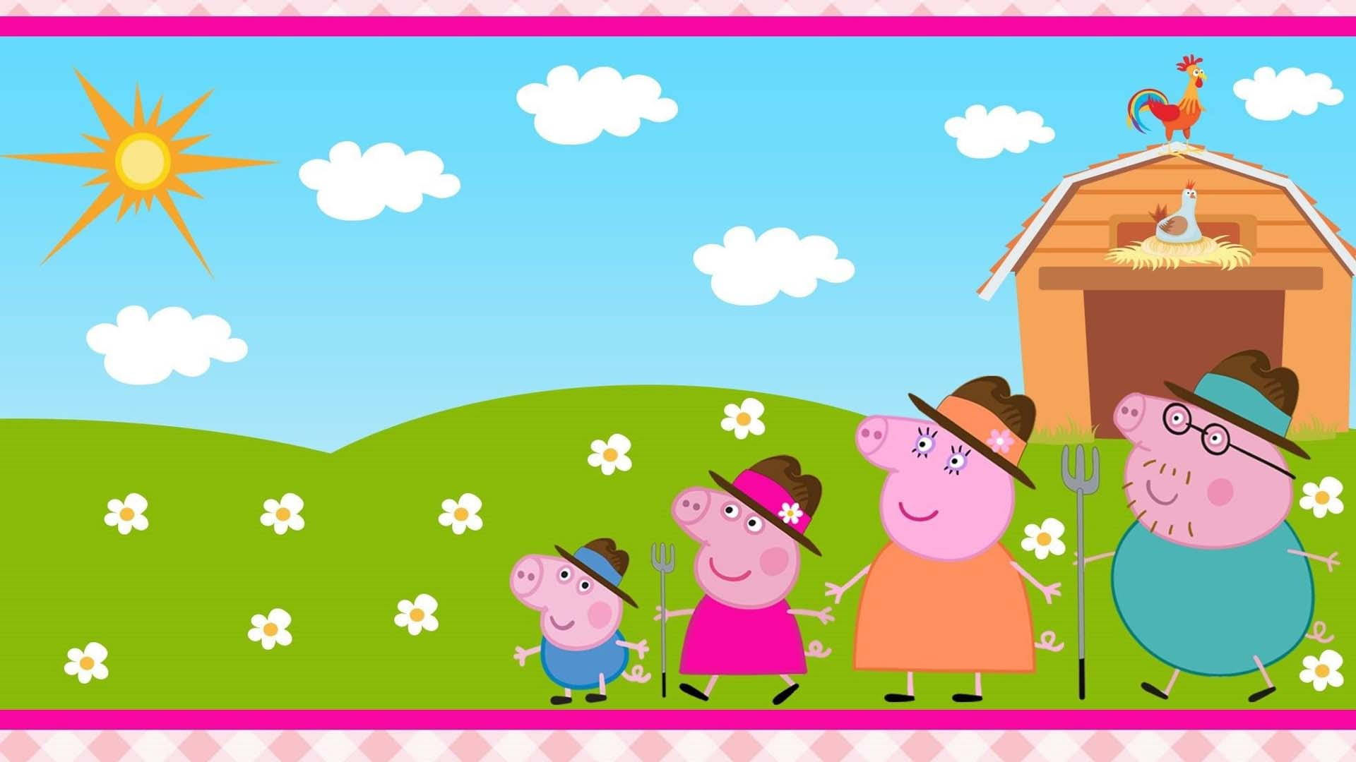 Peppa Pig一家喺有穀倉同花嘅陽光農場