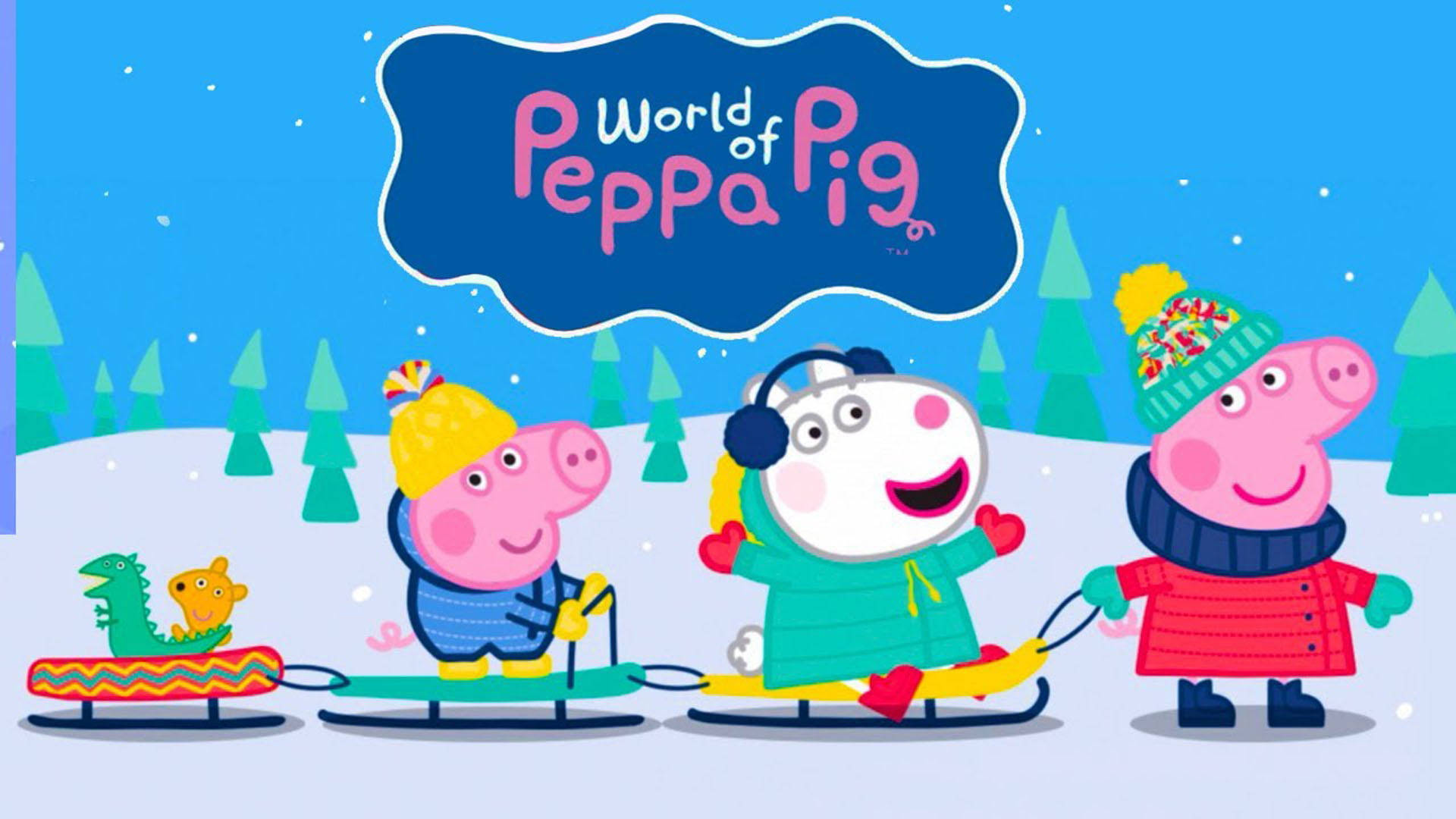 Peppa Pig 和朋友們在有松樹的雪地冬季場景中滑雪橇。