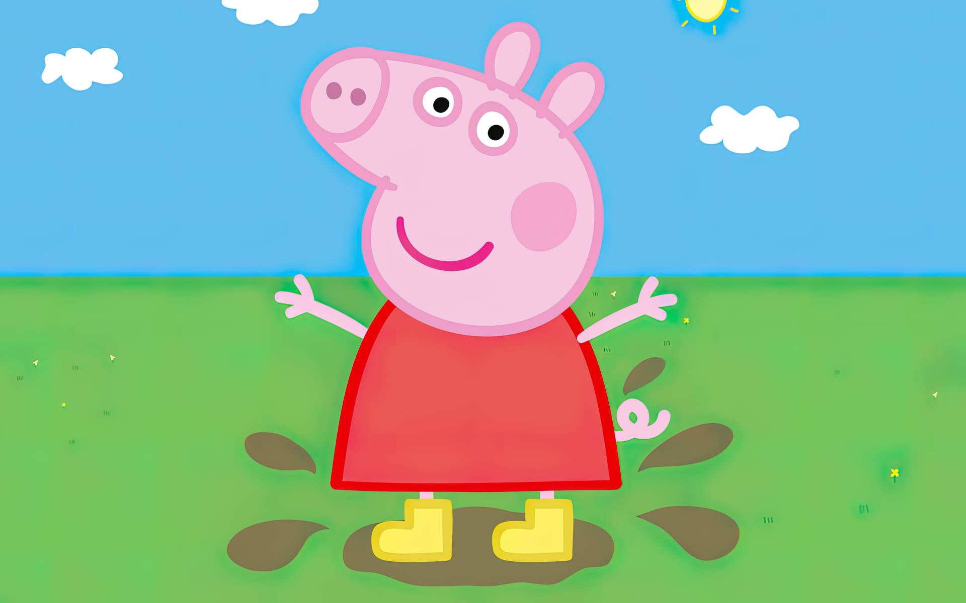Peppa Pig 着住黃色雨靴，企喺陽光普照嘅藍天下嘅綠色草地上嘅泥氹入面。