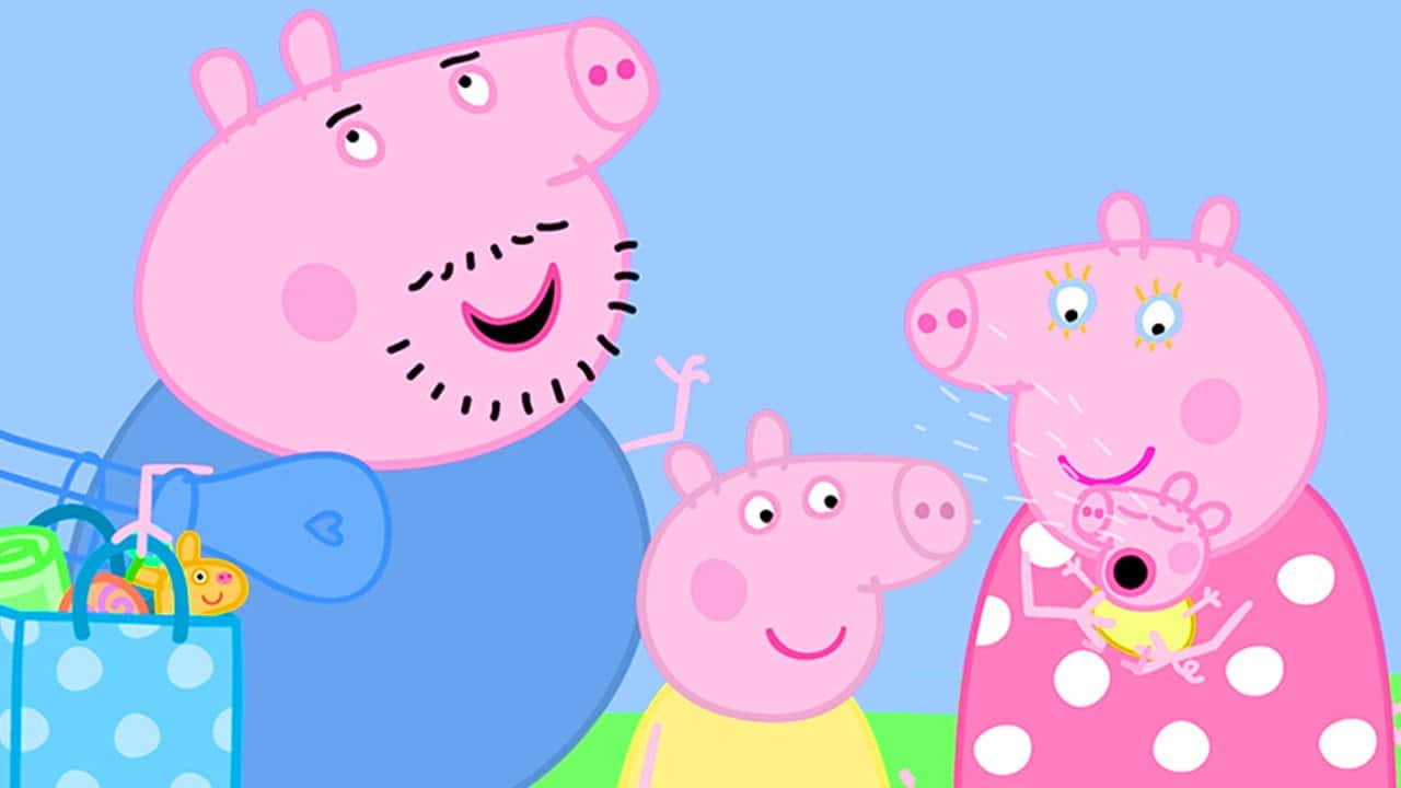 Peppa Pig 一家帶住購物袋同豬BB喺戶外笑住。