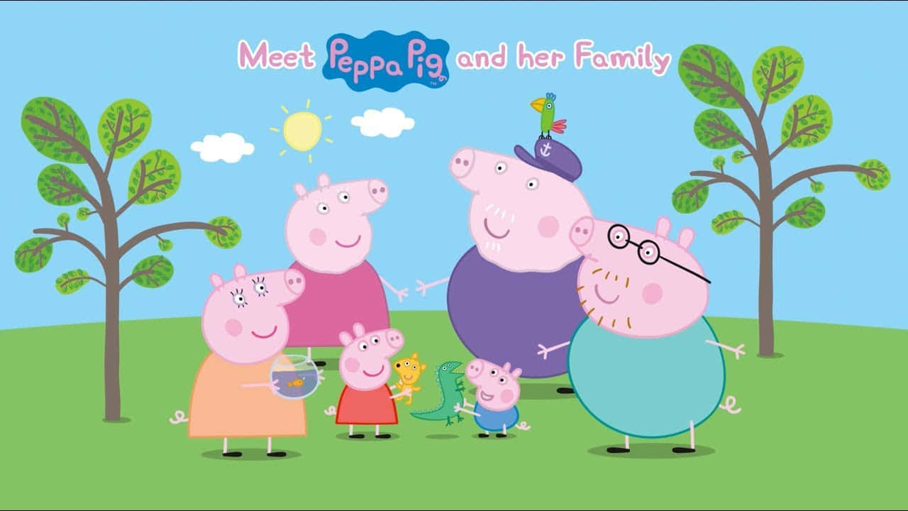 Peppa Pig 一家喺一個有樹木同微笑太陽嘅晴朗日子聚集喺戶外。