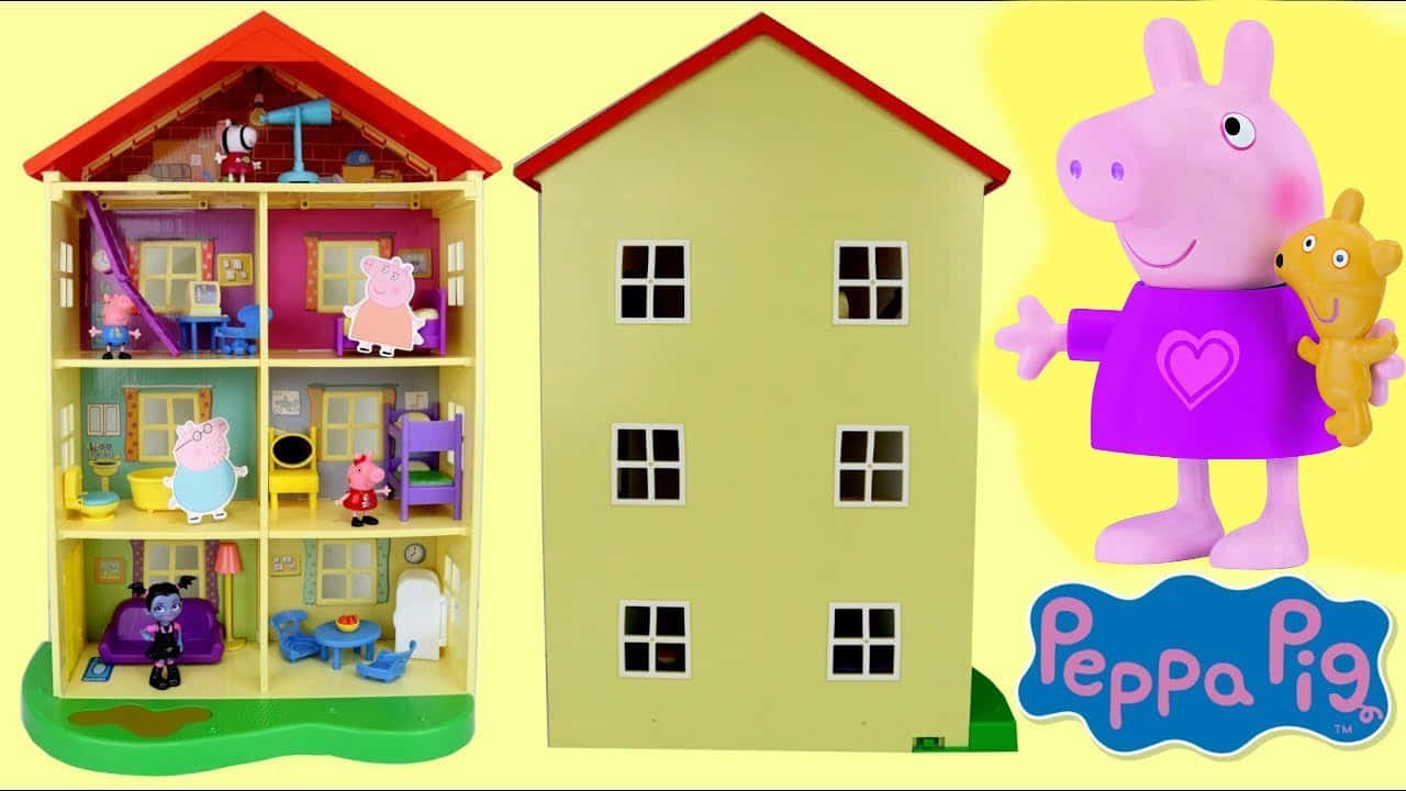 Peppa Pig 與泰迪熊站在一個多層玩具屋旁邊，裡面有角色。