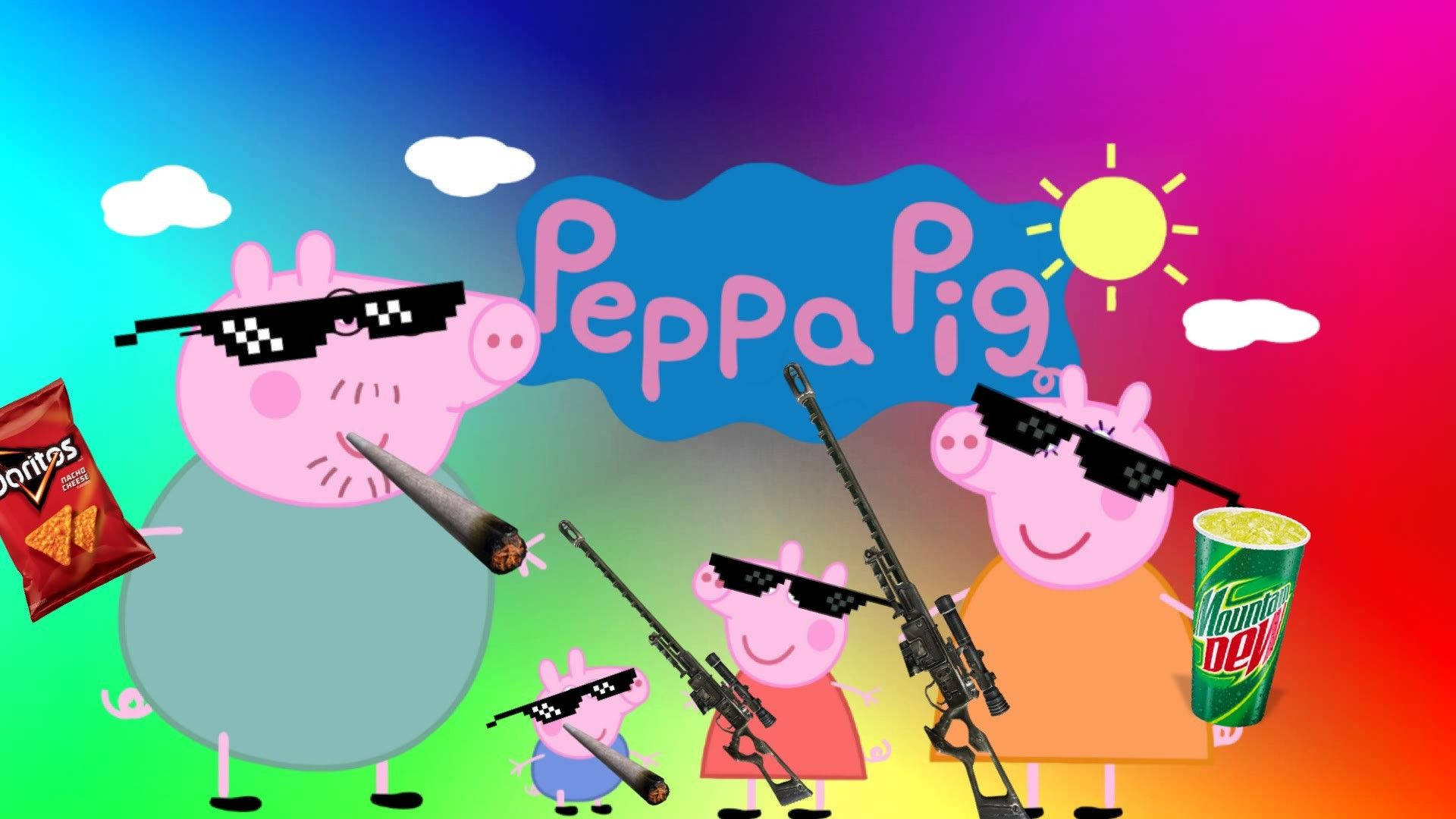 戴太陽眼鏡嘅Peppa Pig角色喺彩虹天空下揸住槍同零食。