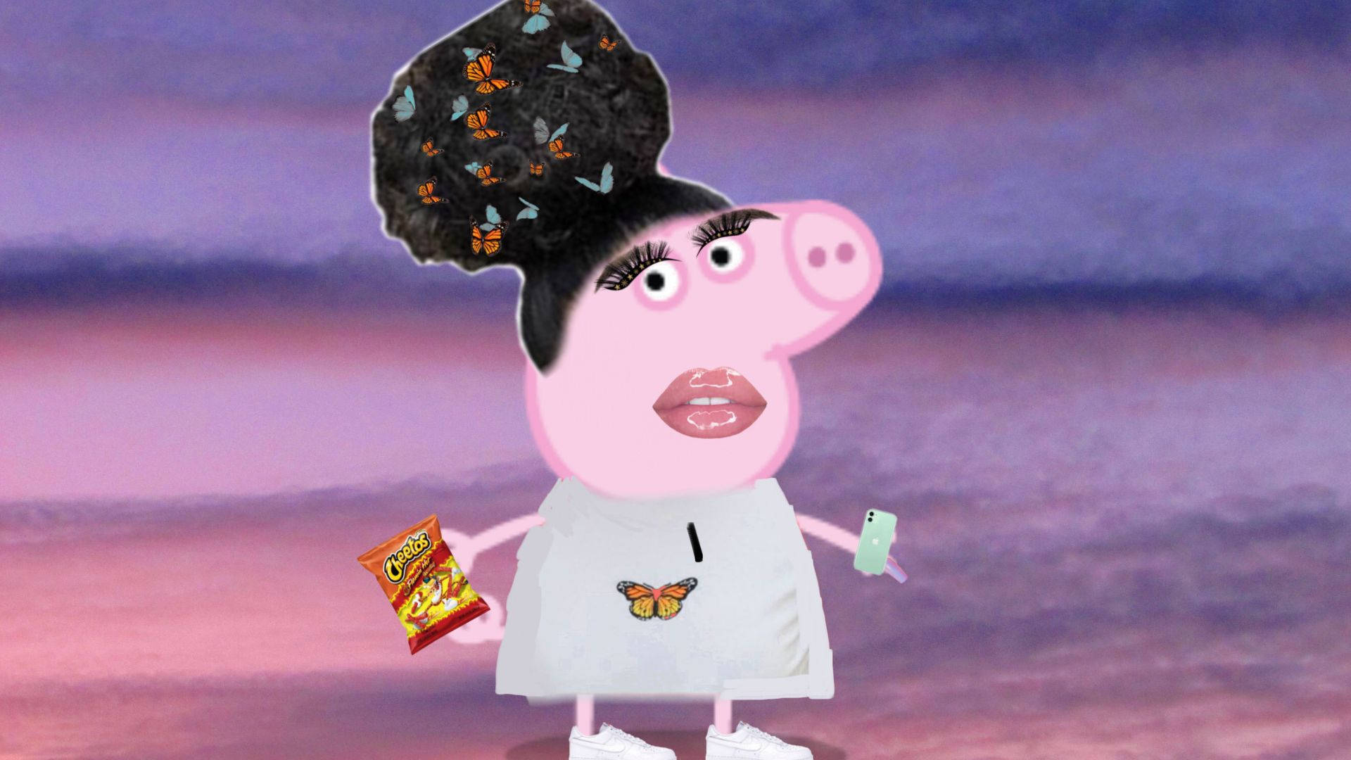 Peppa Pig 戴著蝴蝶頭髮和奇多，背景是紫色日落。 — 小豬佩奇的家 壁紙