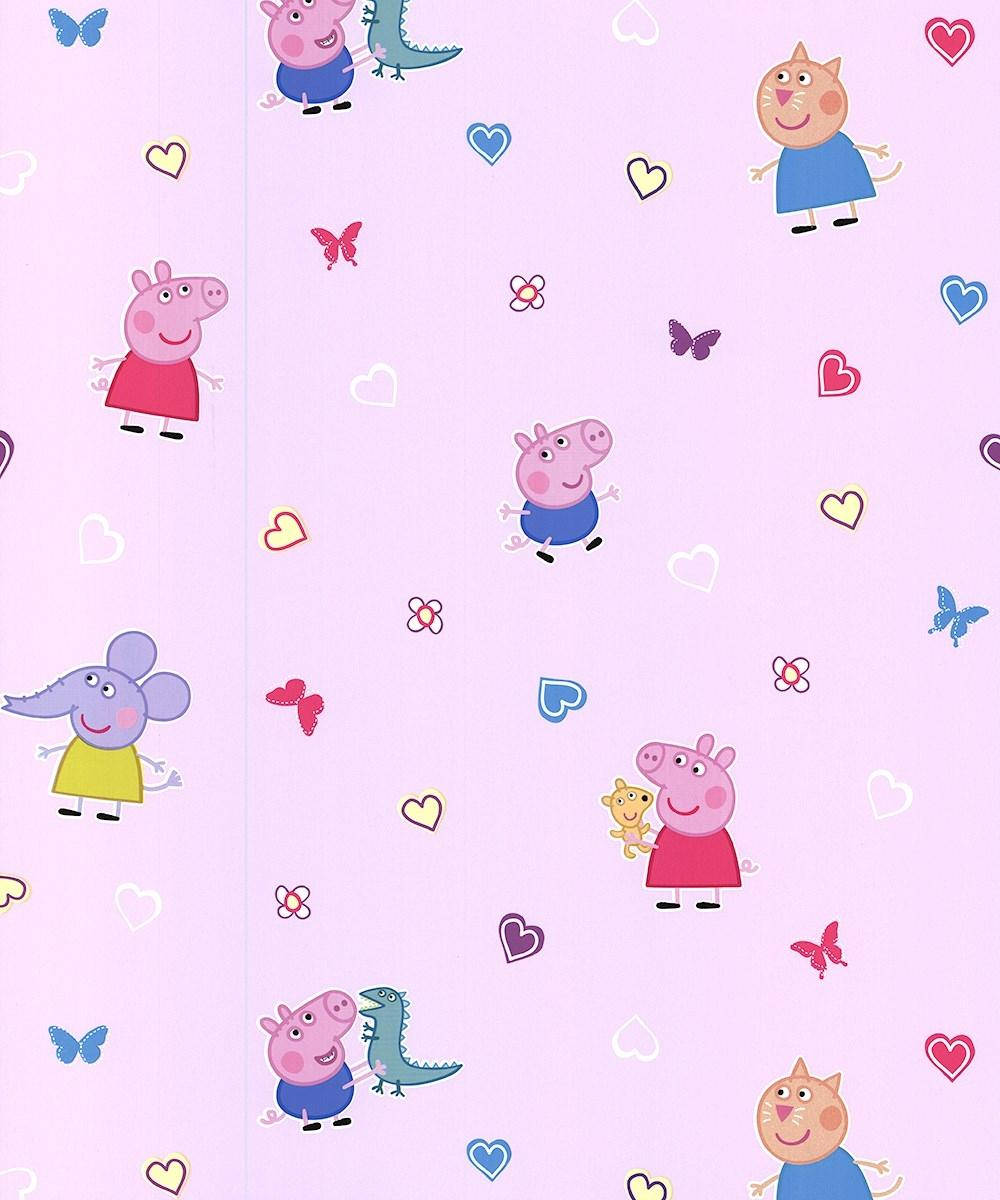 粉紅色牆紙， featuring Peppa Pig 和朋友們，有心形和蝴蝶。