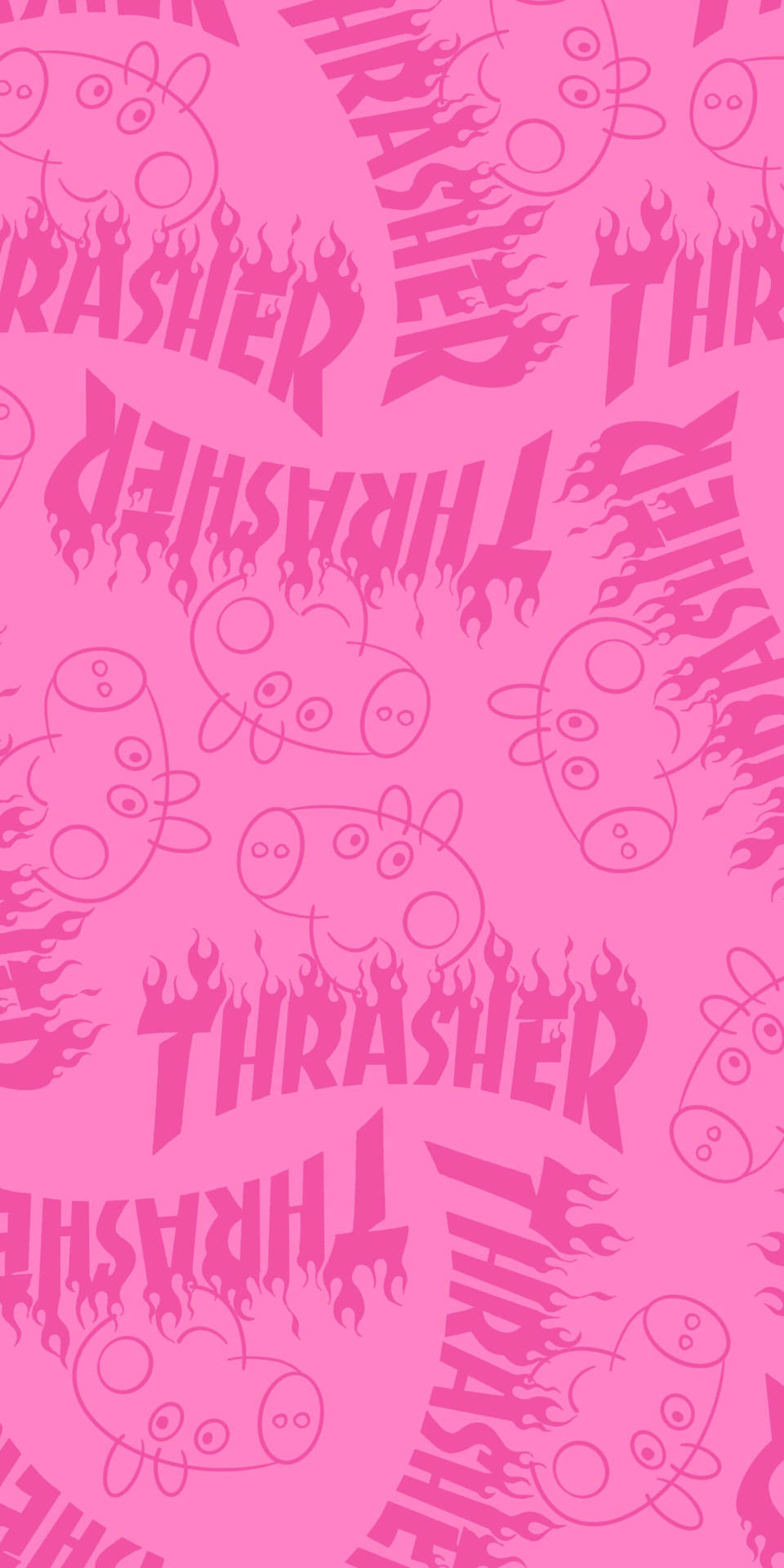 粉紅色牆紙，帶有重複的卡通豬和燃燒的Thrasher標誌圖案。