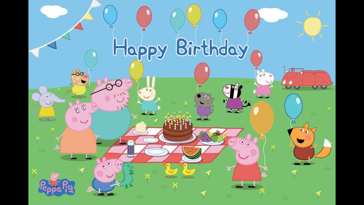 Peppa Pig 和朋友們用蛋糕和氣球慶祝生日野餐。