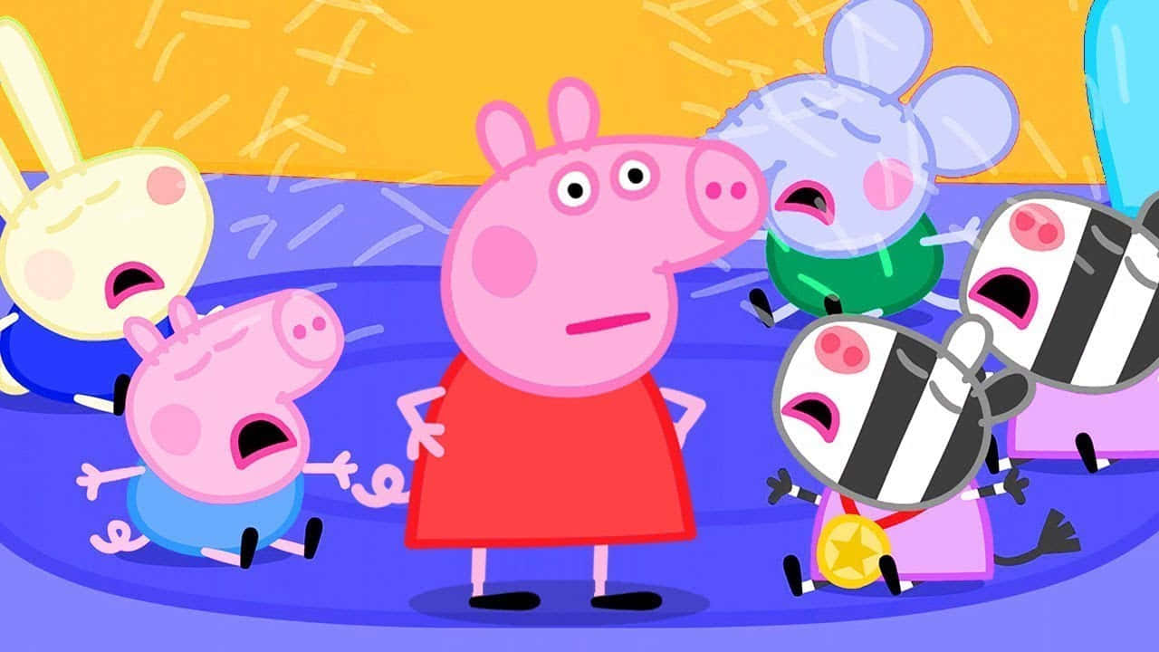Peppa Pig 和朋友們在色彩繽紛的卡通場景中露出驚訝表情。