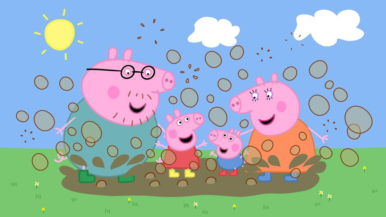 Peppa Pig 一家滿身泥濘，在陽光明媚的日子裡在外面玩耍。