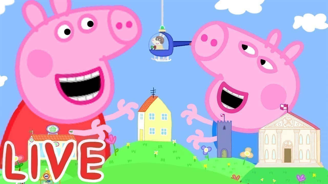Peppa Pig 和 George 在一個色彩繽紛的卡通小鎮中揮手，背景有房屋和直升機。