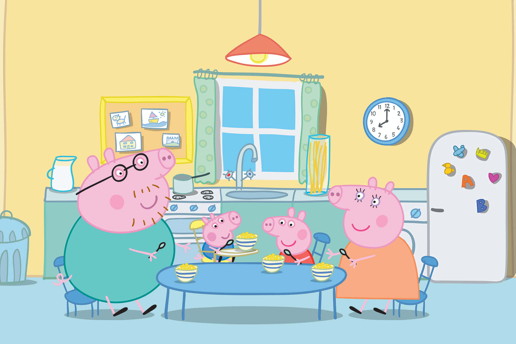 Peppa Pig 一家在色彩繽紛的廚房中共進早餐。
