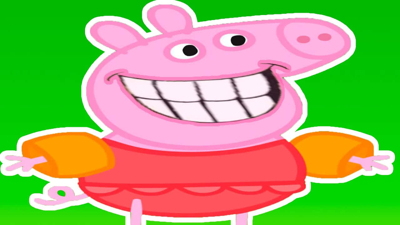 身穿紅色連衣裙和橙色臂圈的Peppa Pig在水中微笑。