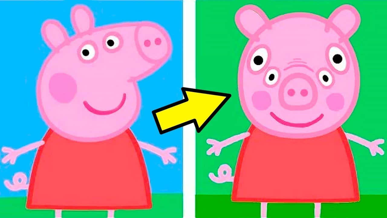 Peppa Pig卡通角色在轉變後露出驚訝表情。