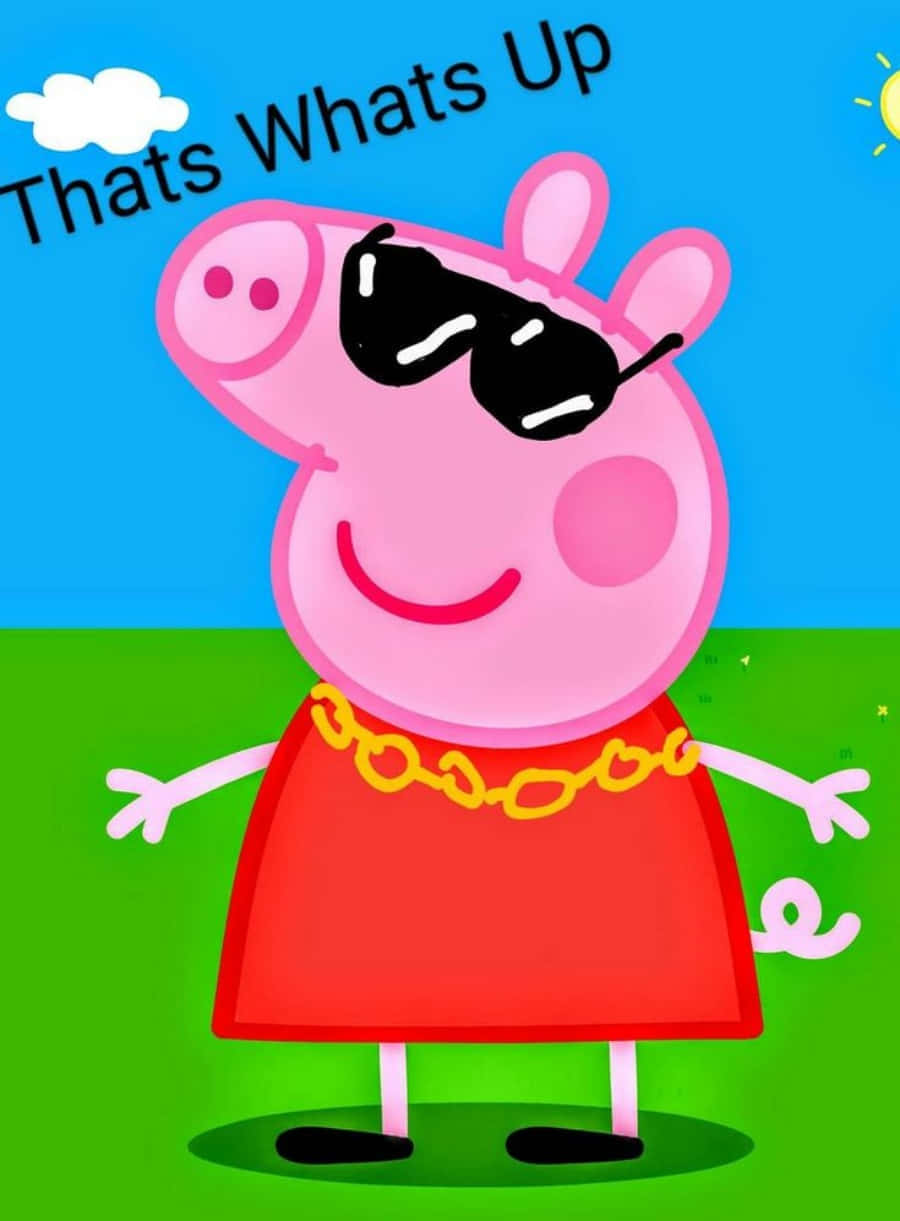 Peppa Pig 戴著太陽眼鏡和金鏈，在陽光和白雲下戶外微笑。