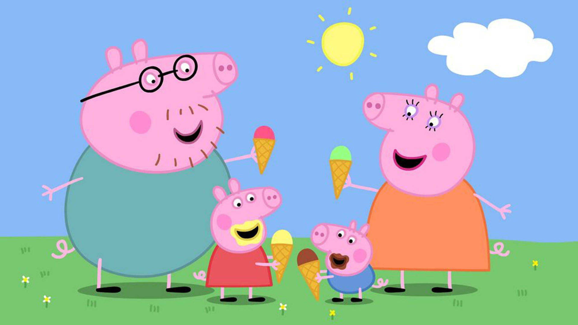 Peppa Pig 一家在陽光明媚的田野上吃雪糕。