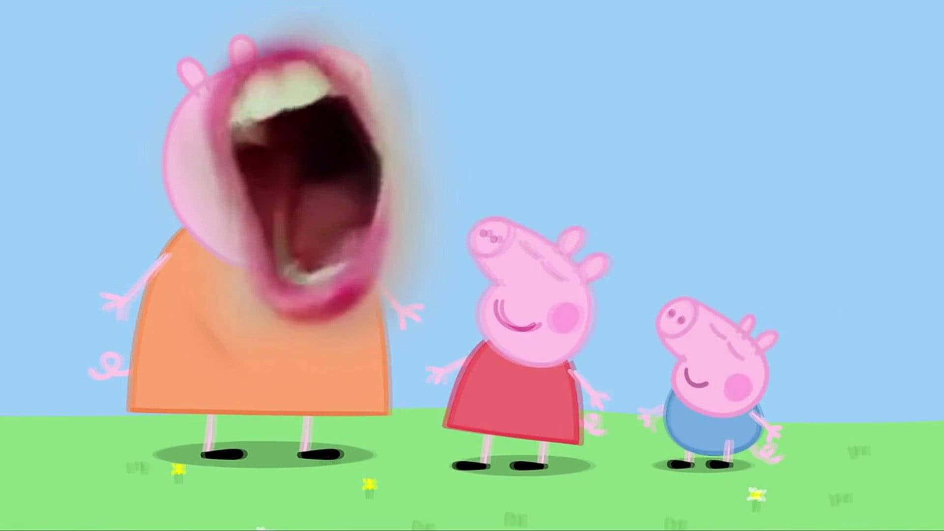 Daddy Pig 打呵欠，Peppa 同 George 喺草地上微笑。