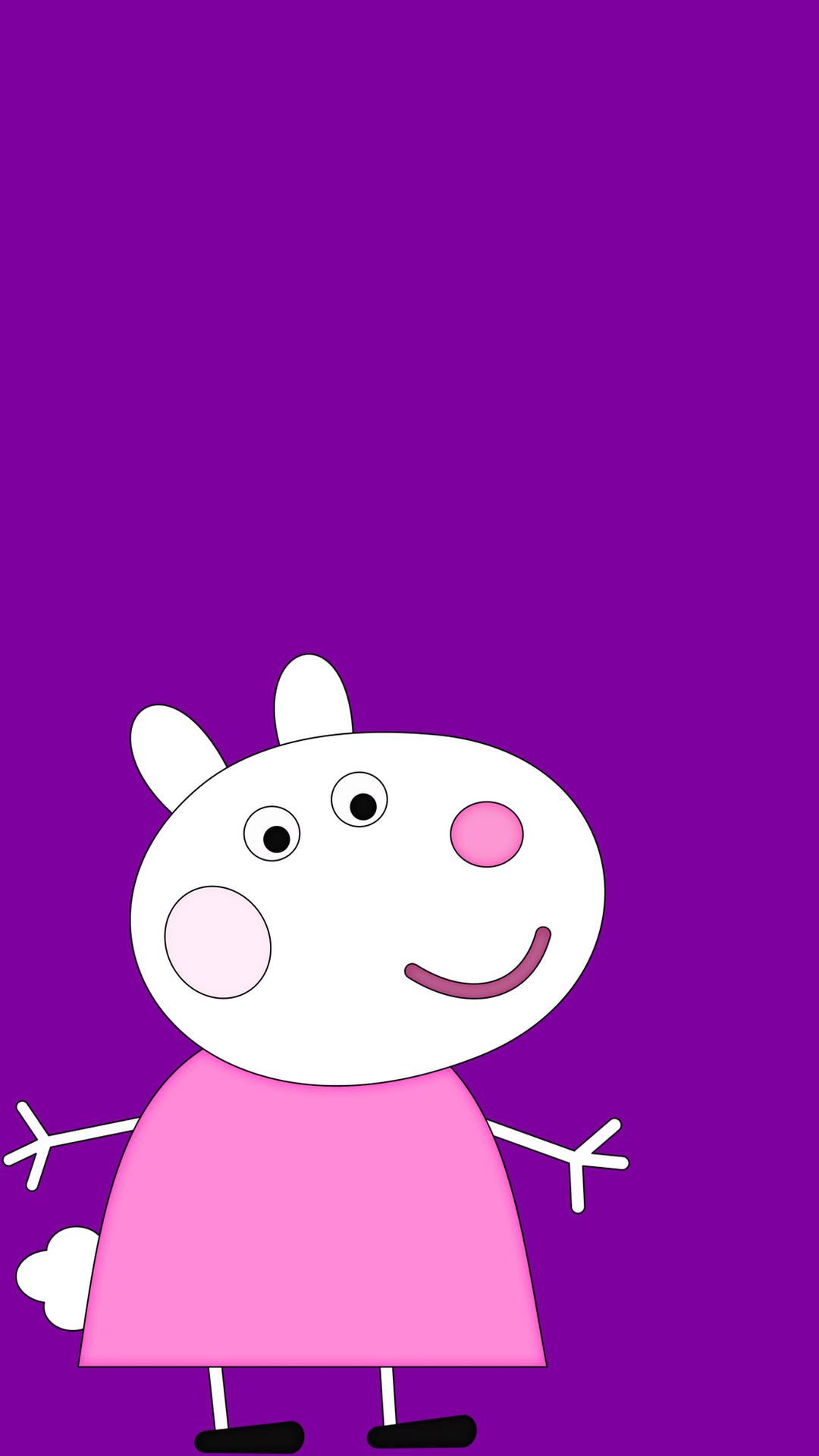 Peppa Pig 卡通角色穿著粉紅色連衣裙在紫色背景上微笑。