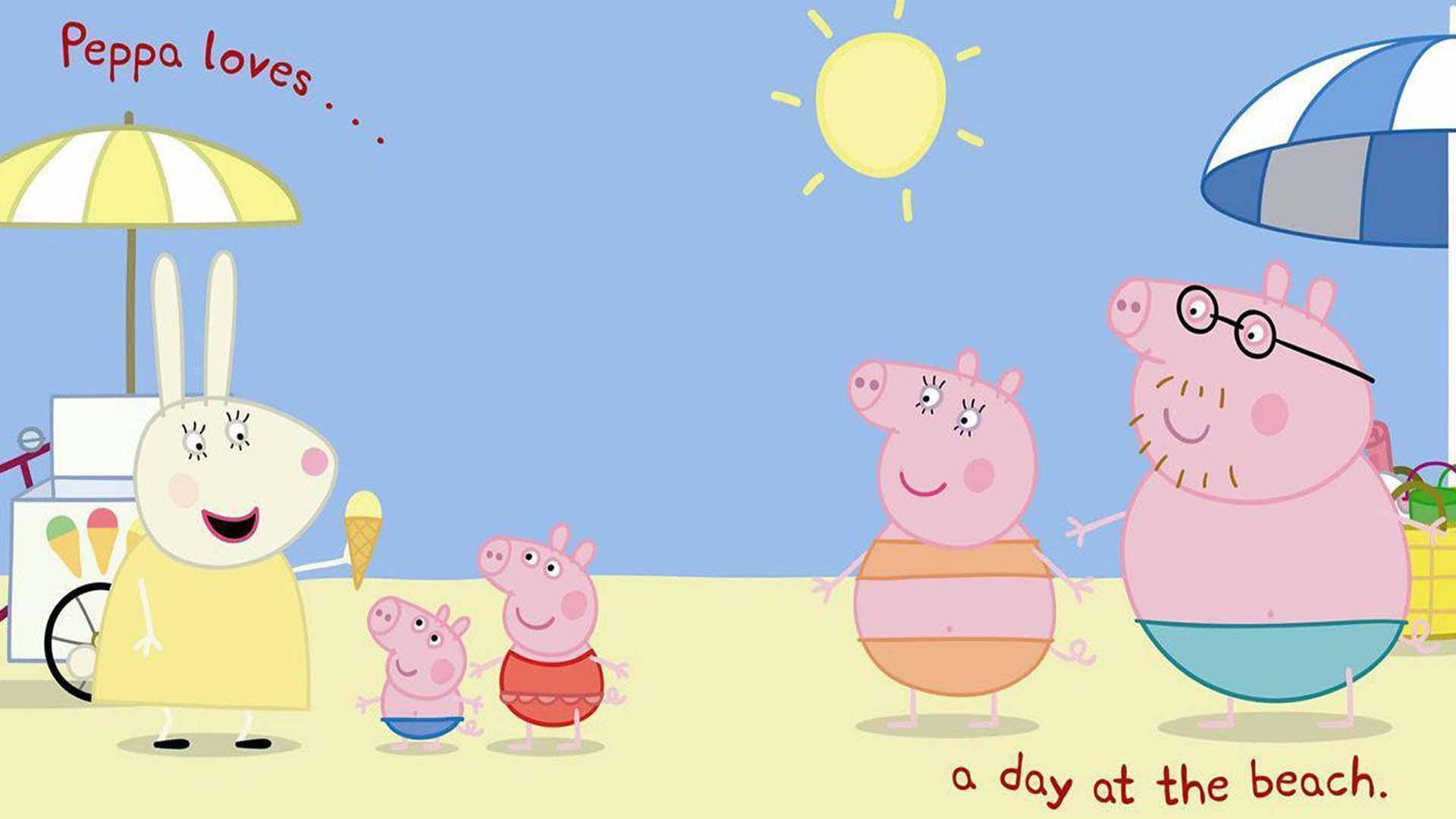 Peppa Pig 一家喺海灘，有雪糕小販同條紋遮陽傘。