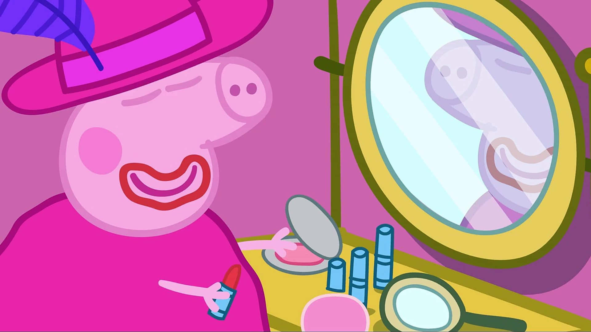 Peppa Pig 在鏡子前塗口紅，附近有化妝品。