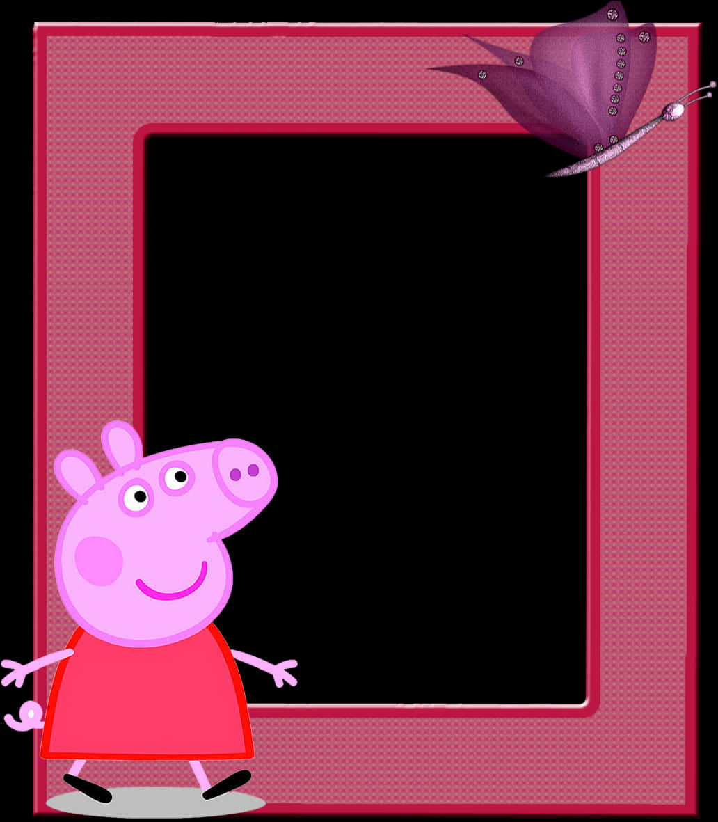 Peppa Pig 站在粉紅色相框旁邊，角落有一隻蝴蝶。 — 小豬佩奇的家 壁紙
