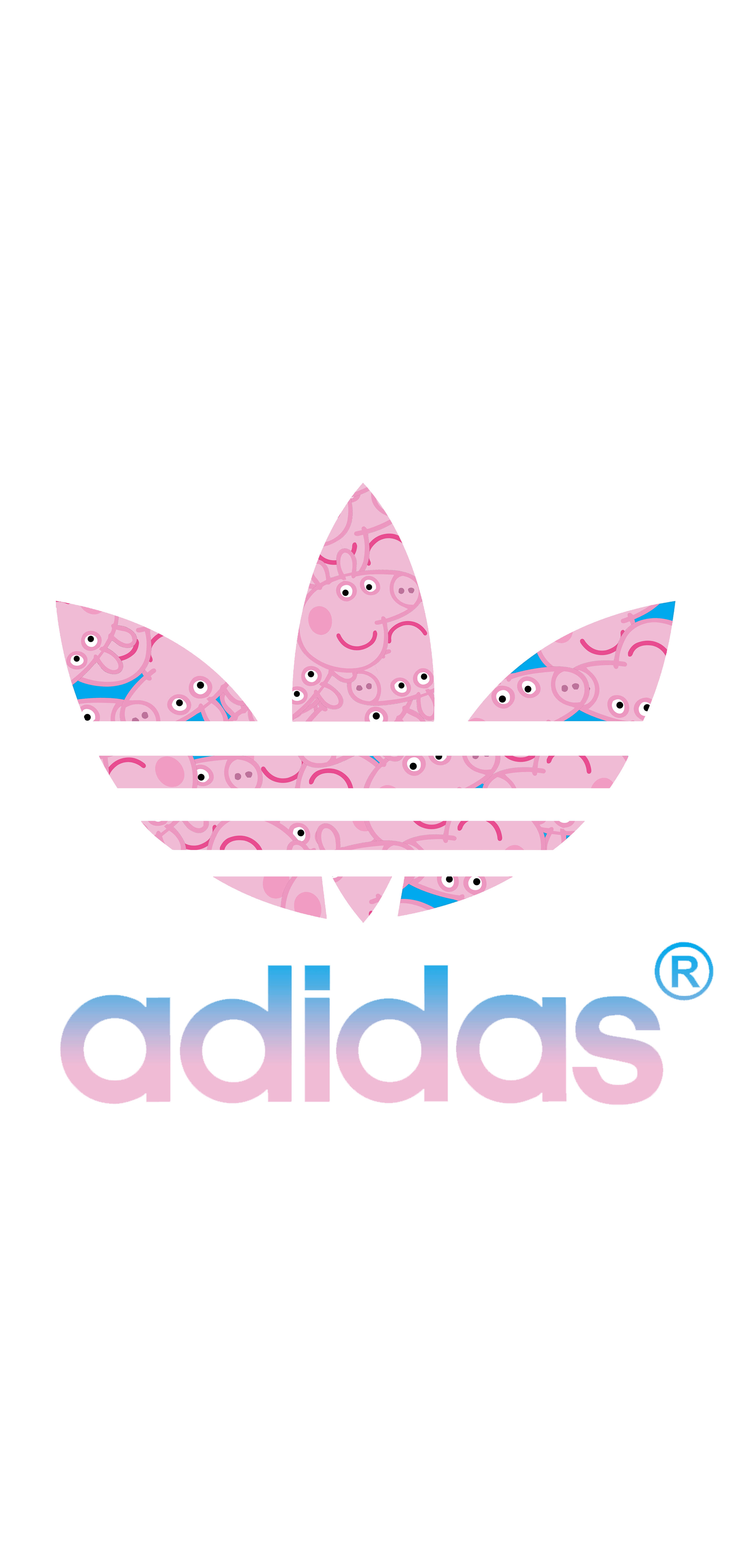 小豬佩奇穿Adidas標誌手機壁紙 壁紙 — Adidas 標誌，三葉草內充滿 Peppa Pig 面孔，粉紅色背景。