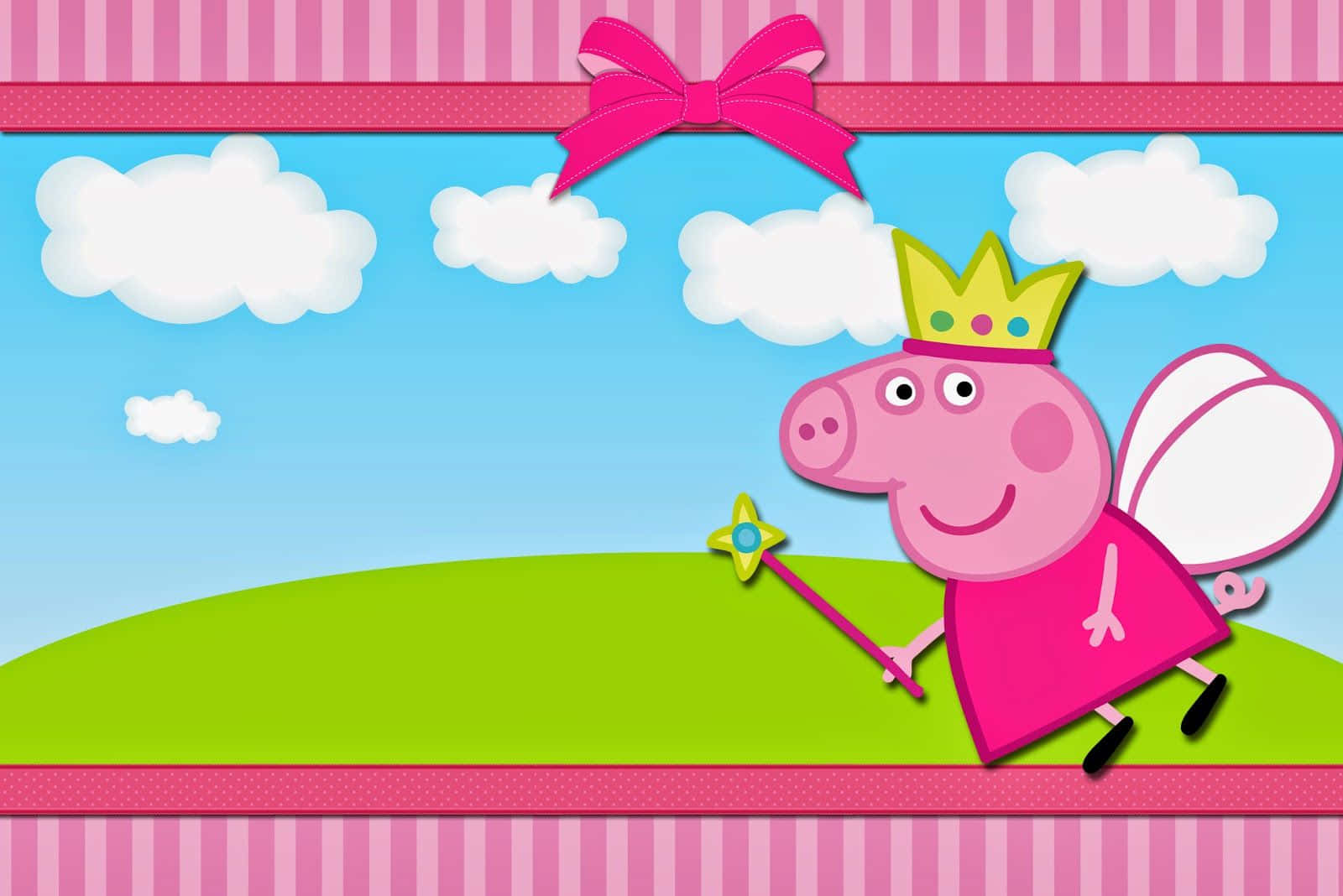 Peppa Pig 作為仙子，在藍天下草坡上拿著魔法棒。