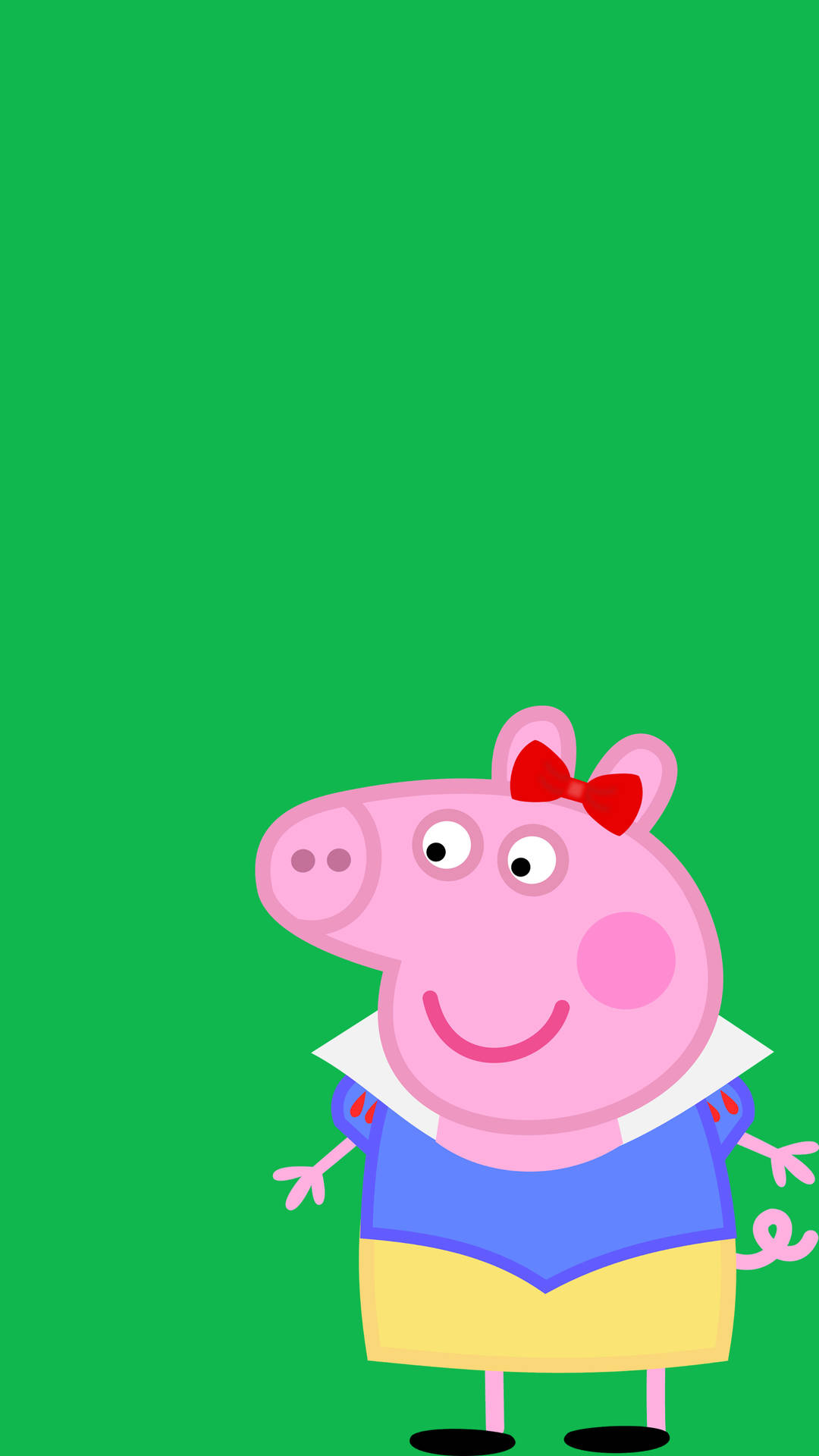 Peppa Pig 卡通角色喺綠色背景前微笑，身穿藍黃色衫，戴紅色蝴蝶結