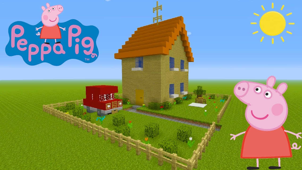 Peppa Pig 在陽光燦爛的日子裡，在她家門前微笑。