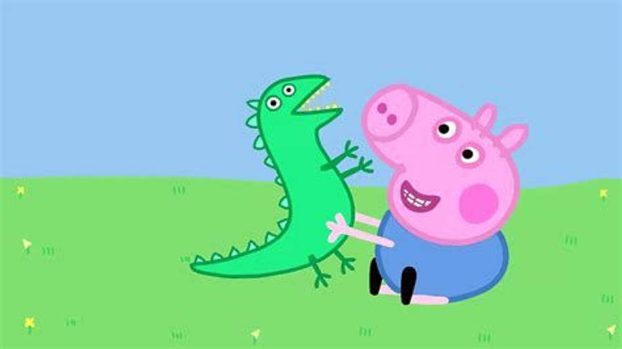 小豬佩奇與劍龍美學風格 壁紙 — Peppa Pig 喺晴朗藍天下嘅草地上微笑住揸住一個綠色恐龍玩具。