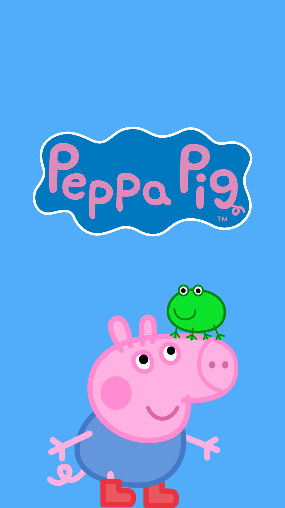 Peppa Pig 頭上有一隻青蛙，藍色背景上有 Peppa Pig 標誌。