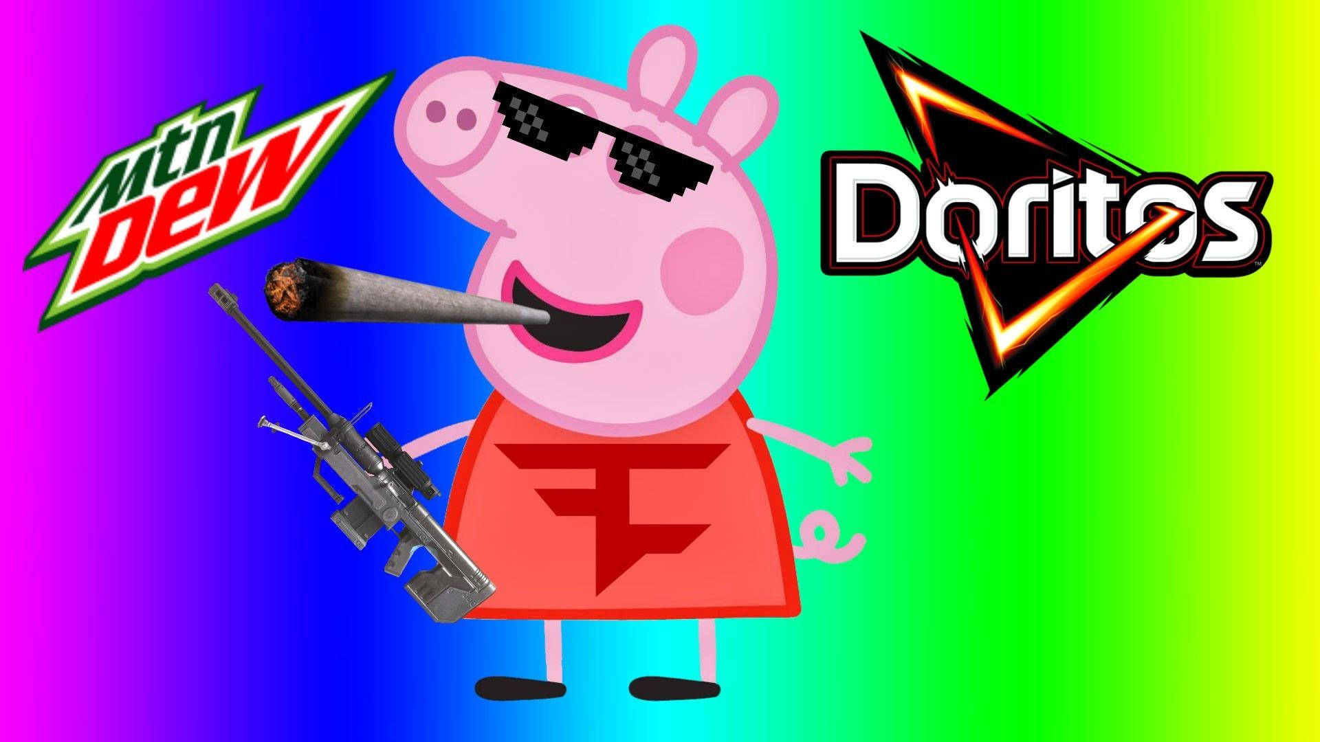 Peppa Pig 揸住步槍同食緊大麻煙，背景係彩虹，有Mountain Dew同Doritos標誌。