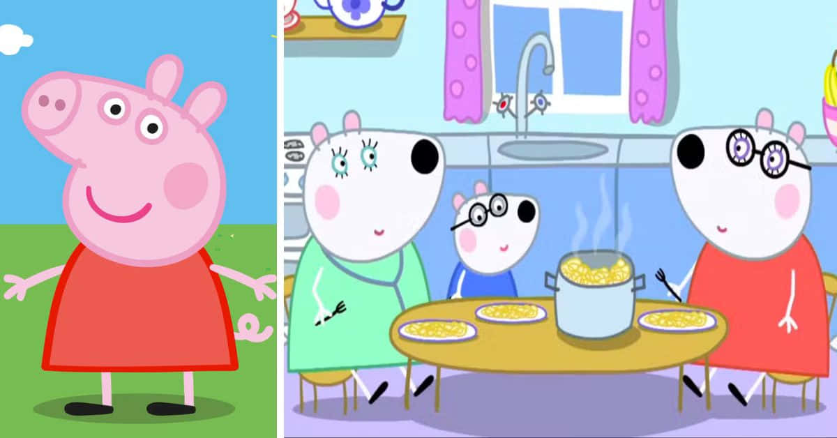 Peppa Pig 同家人喺廚房枱食晚餐，食物冒住蒸氣。