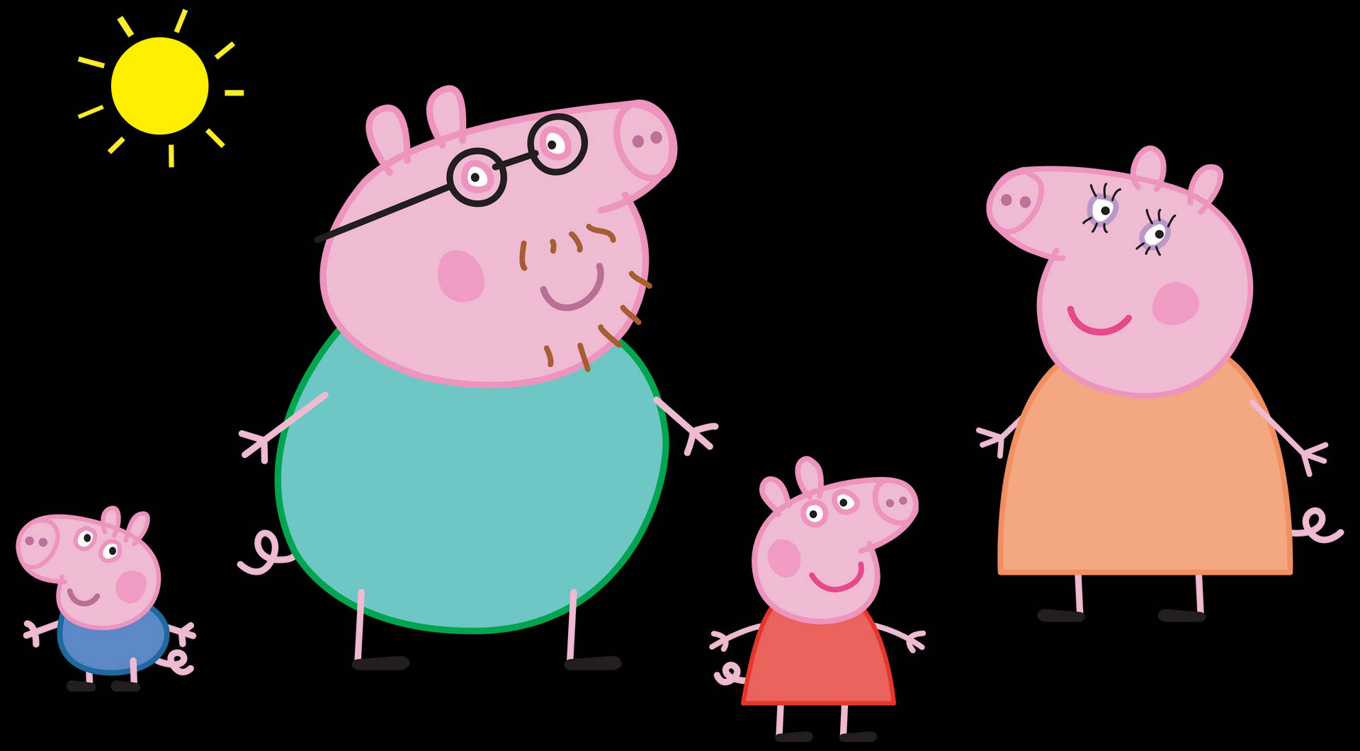 Peppa Pig 一家在天空中有太陽微笑。