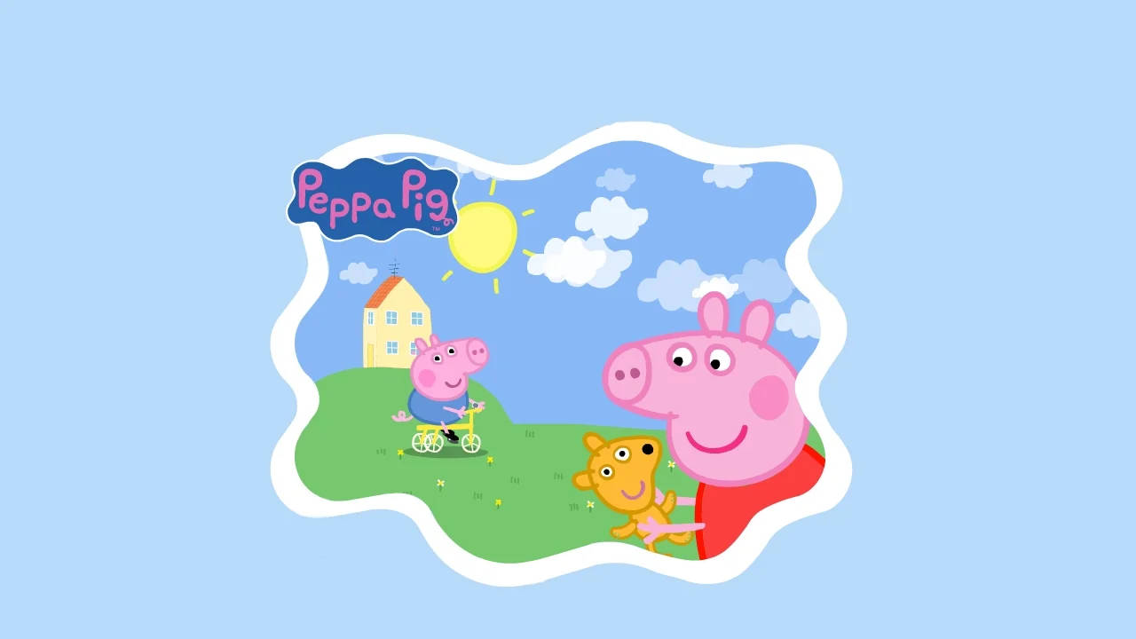 Peppa Pig 同佢細佬喺有黃色屋嘅陽光綠色山丘上踩單車。